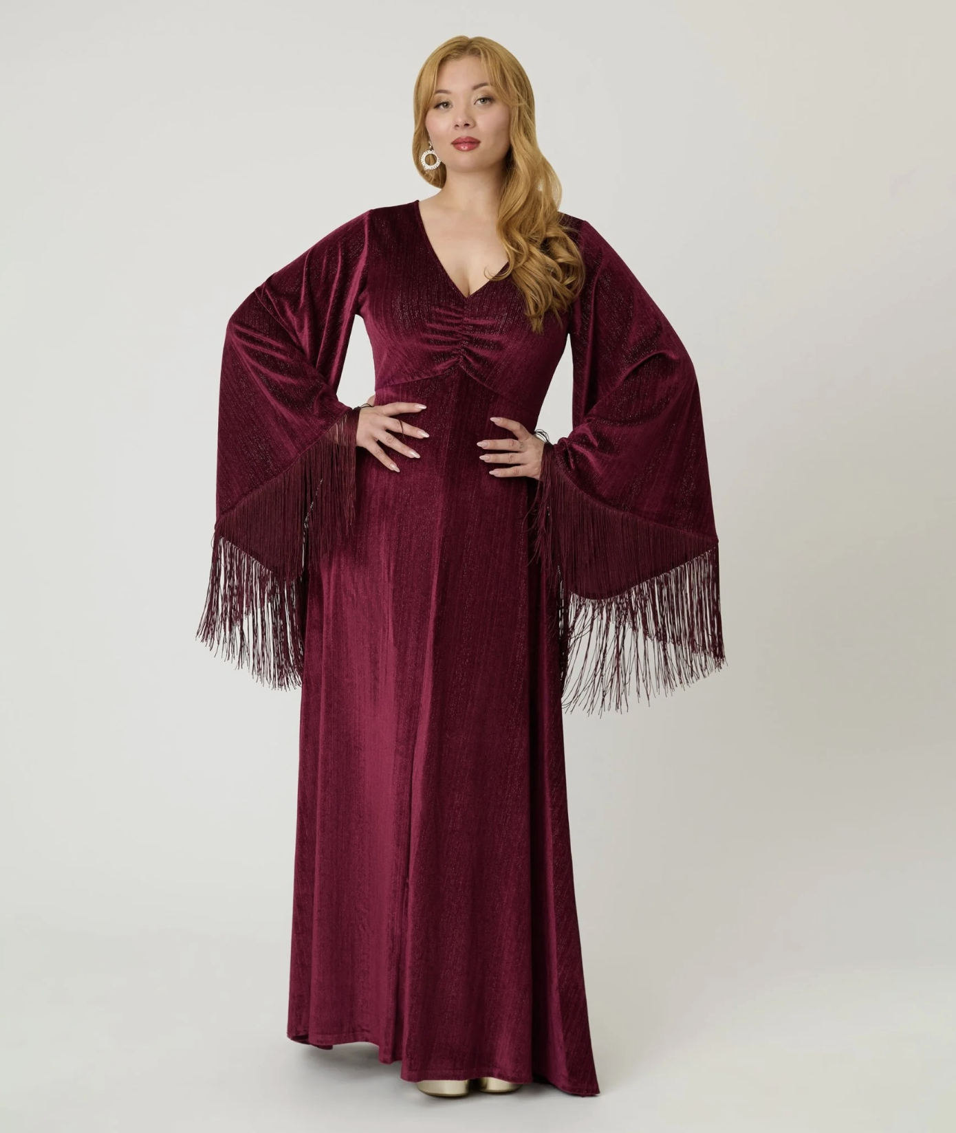 Smak Parlour Burgundy Glitter Velvet Fringe Sleeve Stevie Maxi Dress