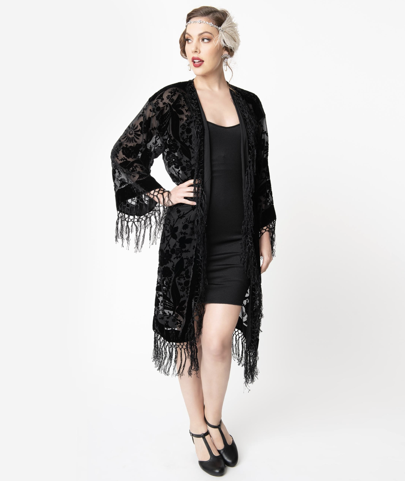 Unique Vintage 1920s Style Black Devore Velvet Fringe Long Flapper Coat