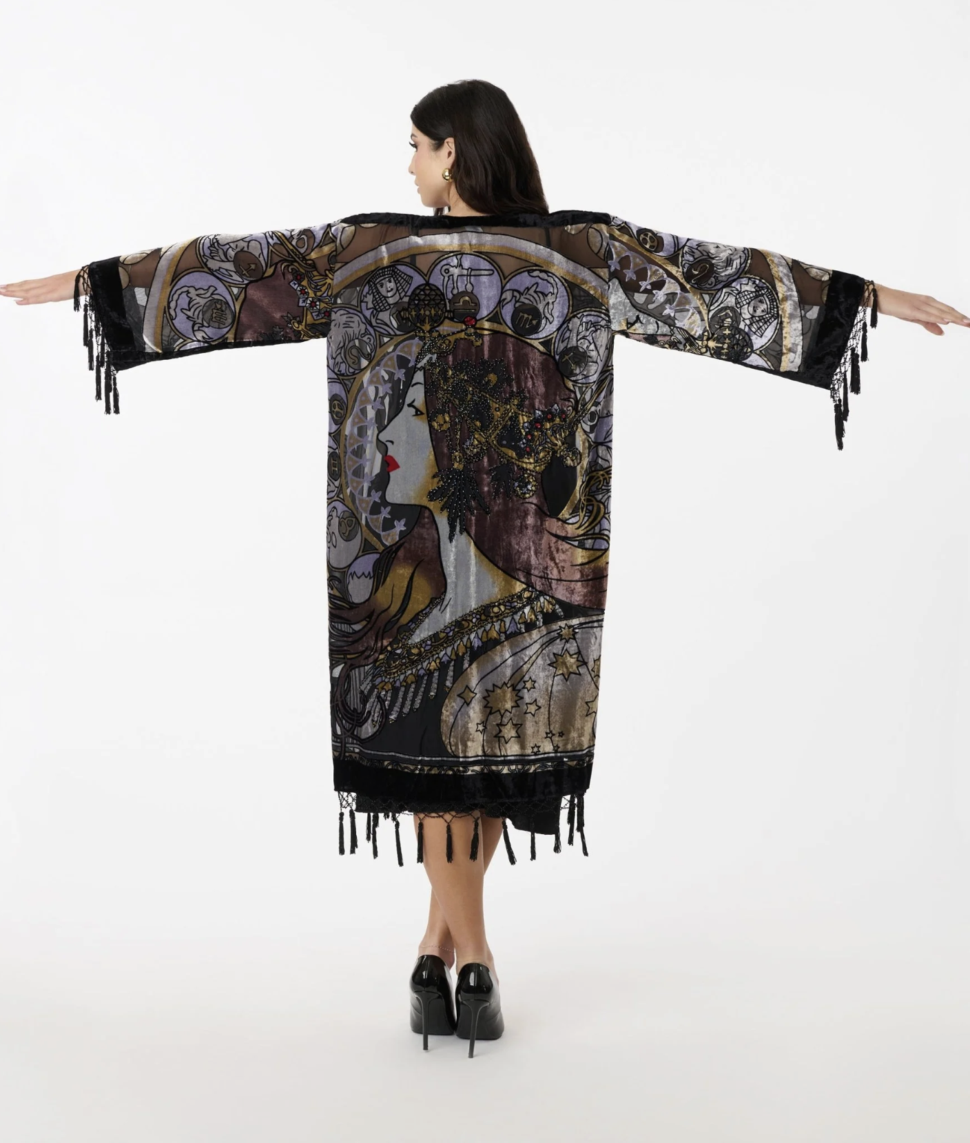 Unique Vintage 1920s Black Beaded Zodiac Goddess Devore Velvet Scarf Coat