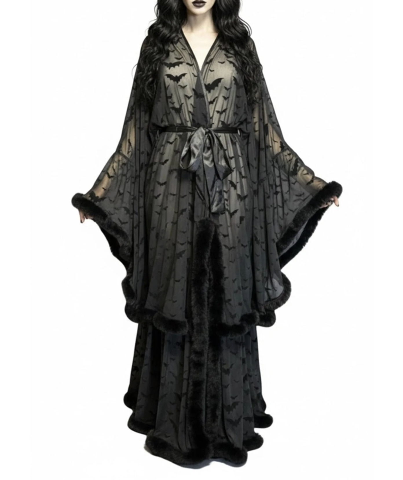 Unique Vintage Black Bat Print Faux Fur Sheer Robe