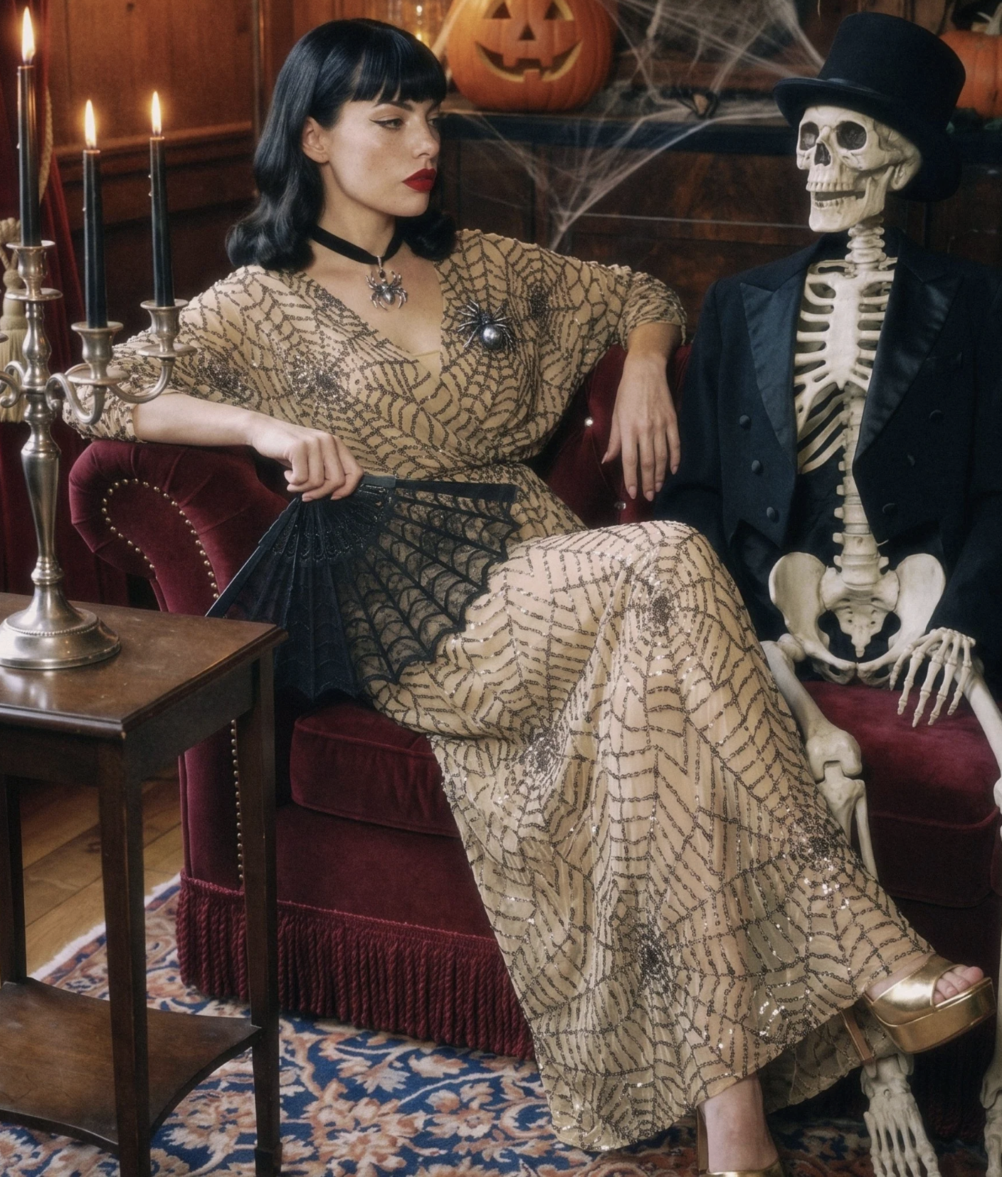 Unique Vintage Smak Parlour Nude Spiderweb Sequin Faux Wrap Diane Maxi Dress