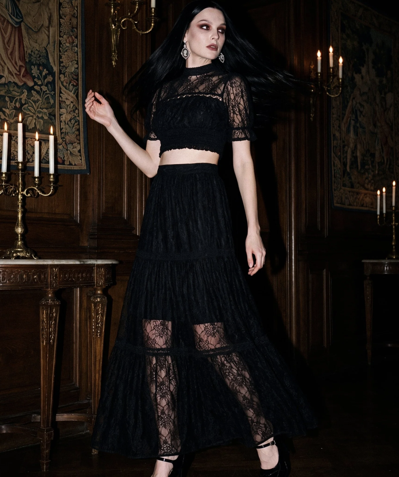 Unique Vintage Black Lace Tiered Maxi Skirt