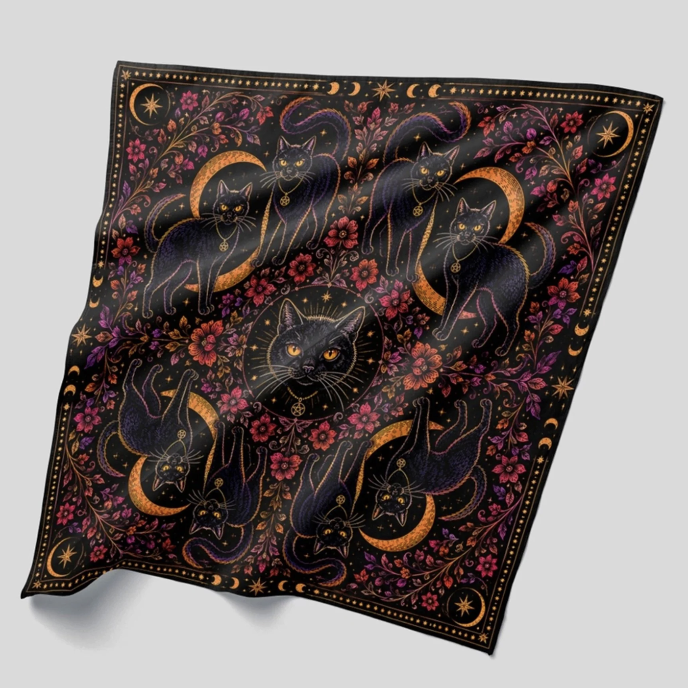 Unique Vintage Black Nine Lives Cat Print Hair Scarf