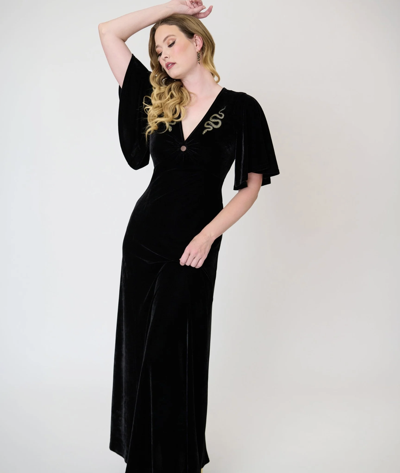 Unique Vintage Smak Parlour Black Velvet &amp; Gold Snake Embroidered Nicole Maxi Dress