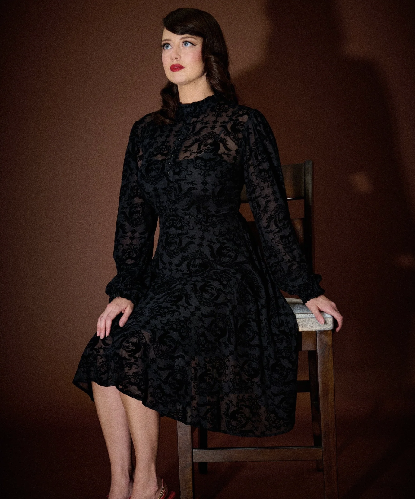 Unique Vintage Annabelle x Unique Vintage 1970s Black Flocked Leota Swing Dress