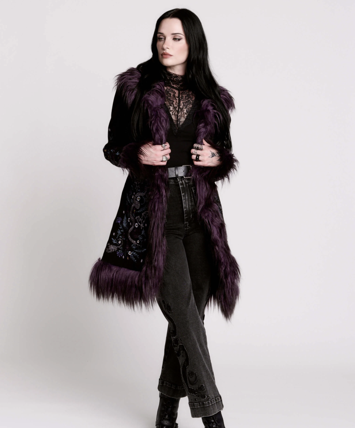 Midnight Hour Amethyst Botanical Feather Coat