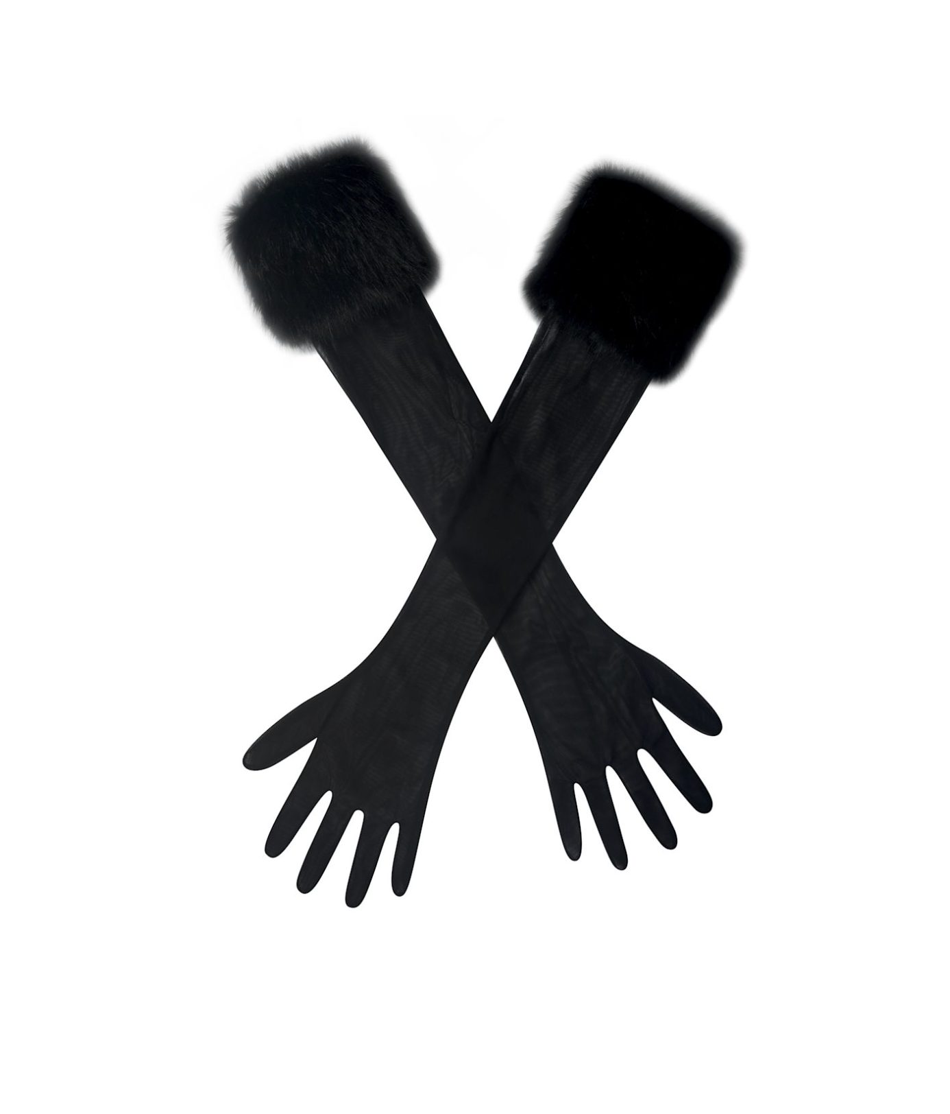 Miss Circle New York (via Wolf &amp; Badger) Eve Black Fur-Trimmed Mesh Opera-Length Gloves 
