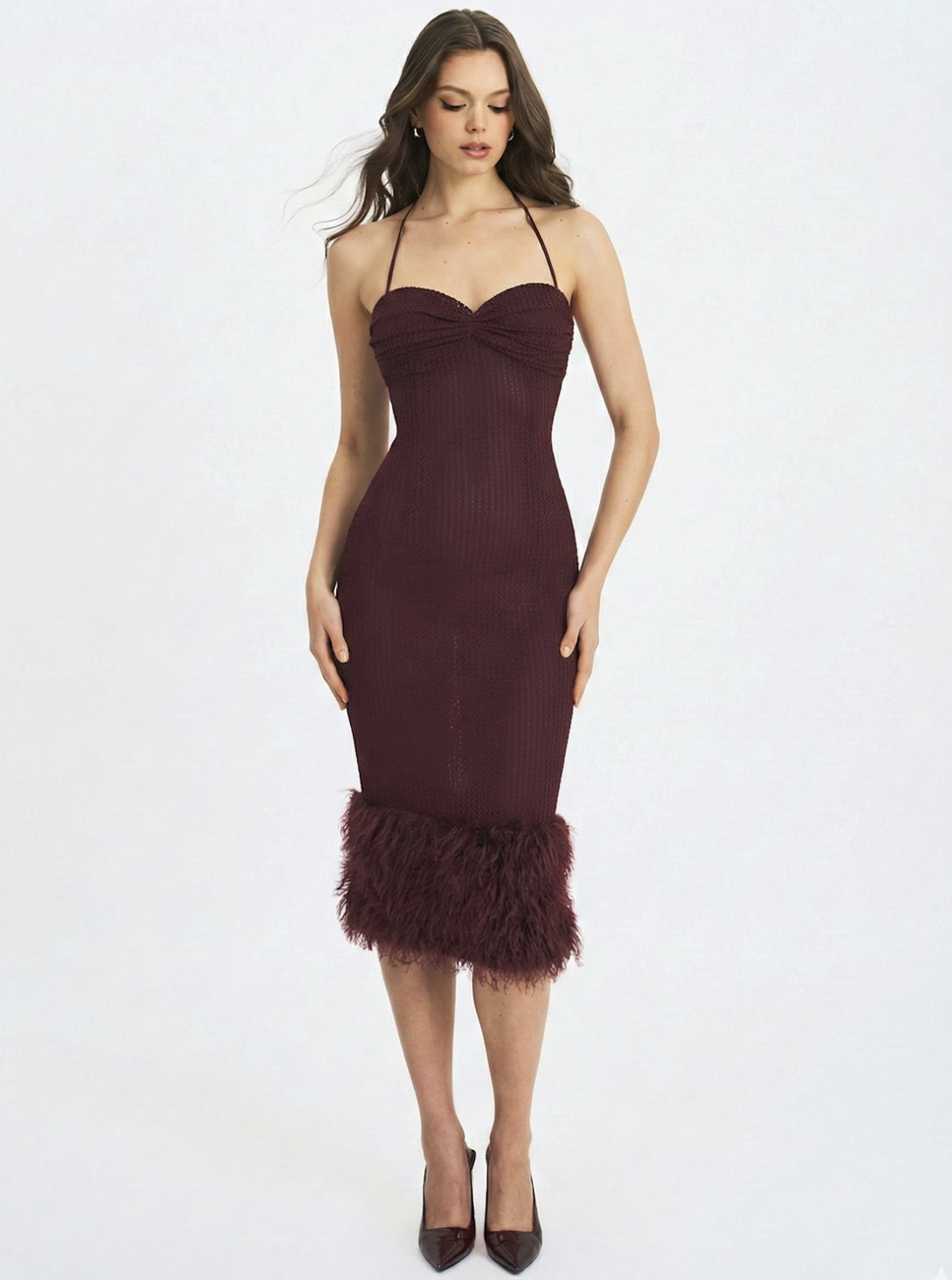 Miss Circle New York (via Wolf &amp; Badger) Pluma Maroon Halter Faux-Fur Trimmed Midi Dress