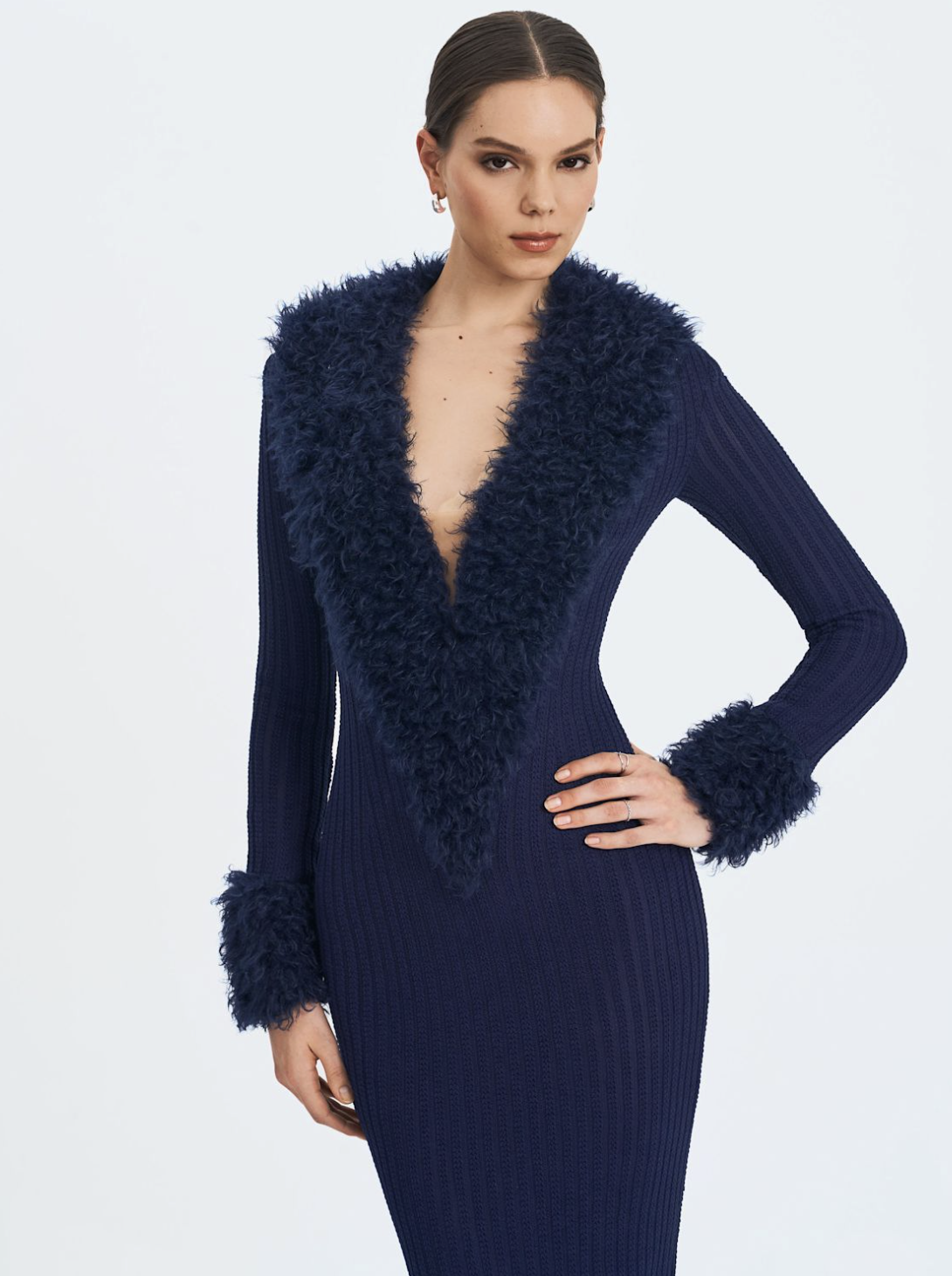 Miss Circle New York (via Wolf &amp; Badger) Romina Navy Plunging Fur Trimmed Crochet Maxi Dress