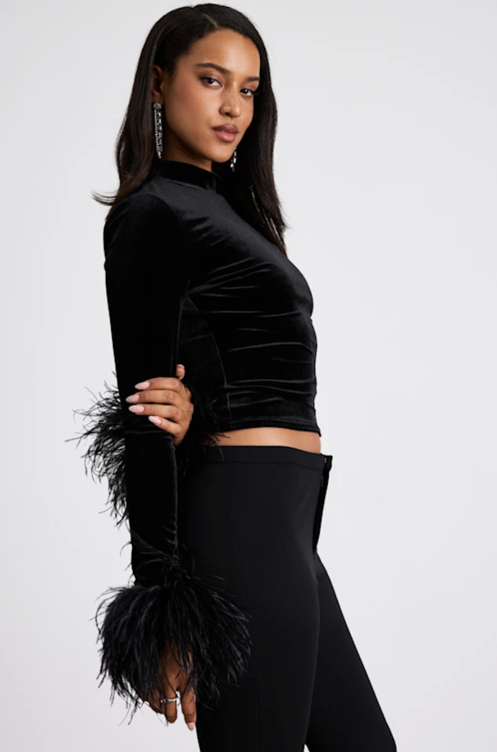 Lulus Malva Black Velvet Feather Cuff Long Sleeve Top