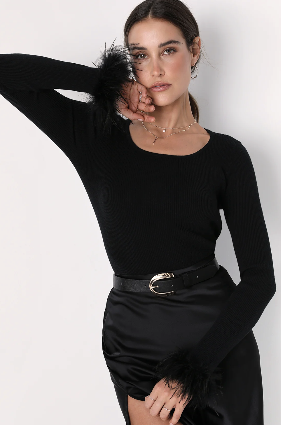 Lulus Material Girl Black Ribbed Feather Cuff Sweater Top