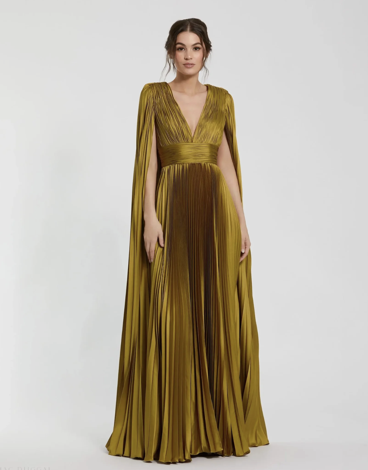 Mac Duggal Green Pleated Charmeuse V Neck Gown With Cape