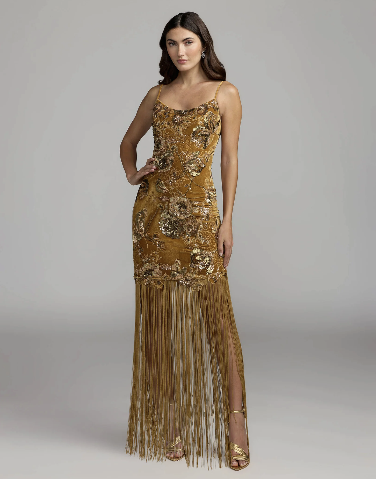 Mac Duggal Gold Embellished Fringe Maxi Dress