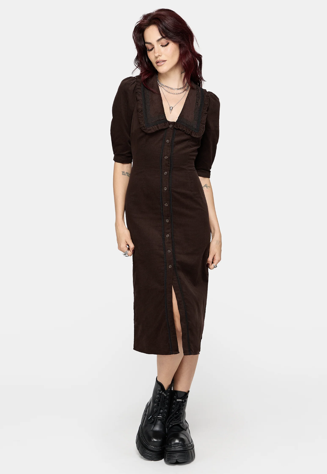 Disturbia Kora Embroidered Collar Button Up Midi Dress