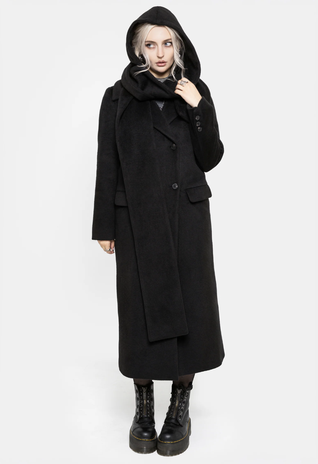 Disturbia Lethe Hooded Scarf Longline Wool-Blend Coat