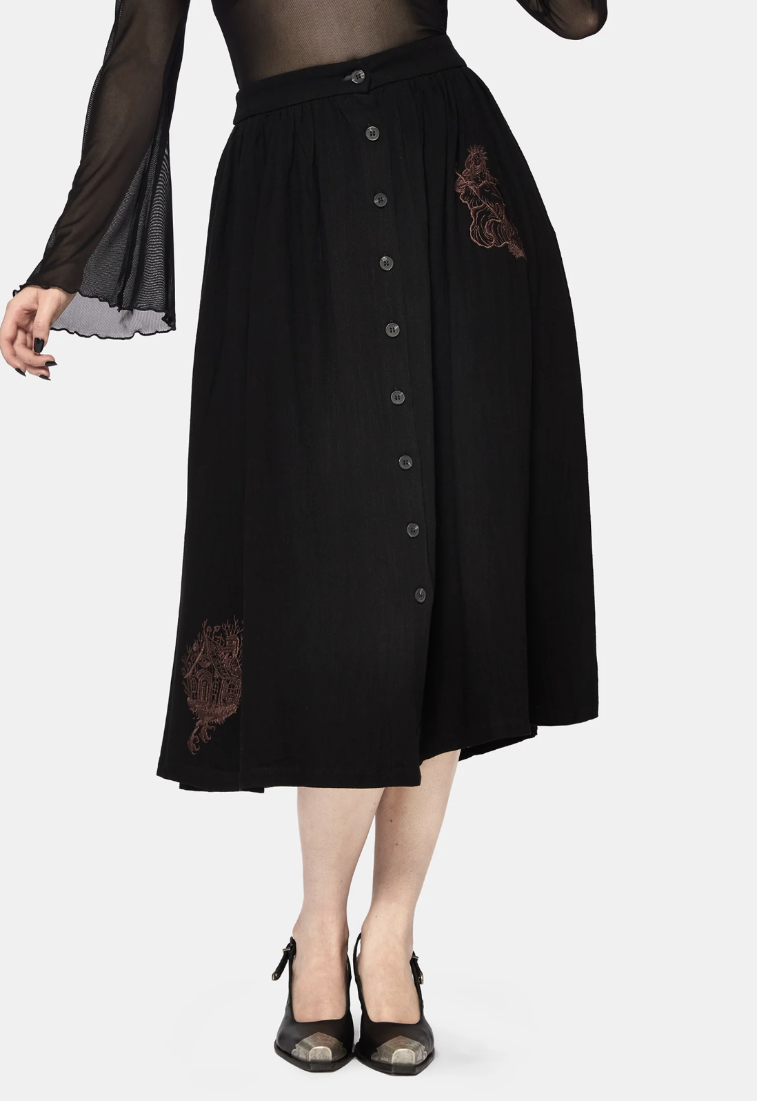 Disturbia Hexborn Baba Yaga Embroidered Midi Skirt