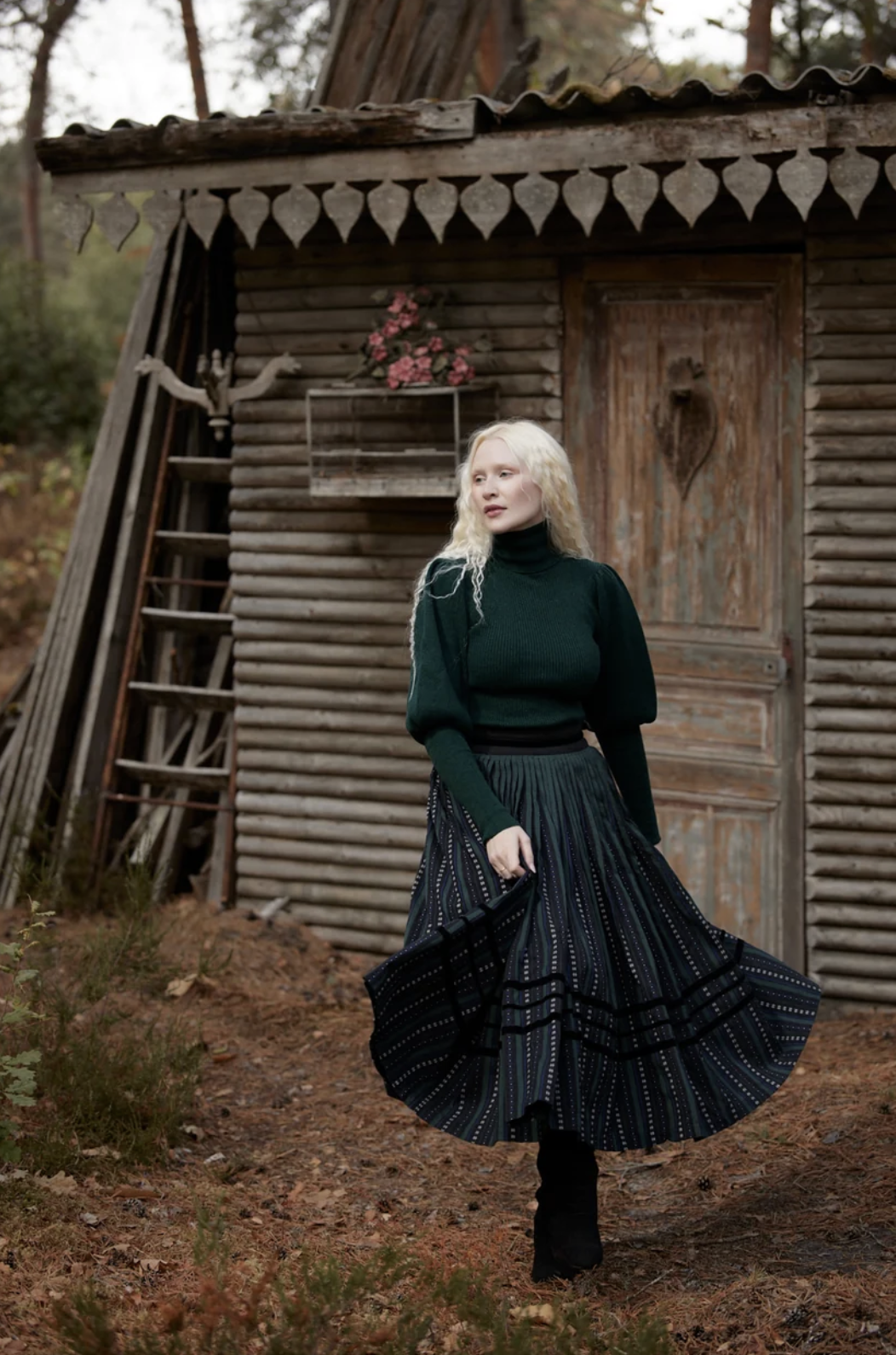 Voriagh “Romina” Székely-Inspired Striped Black, Green &amp; Blue Skirt