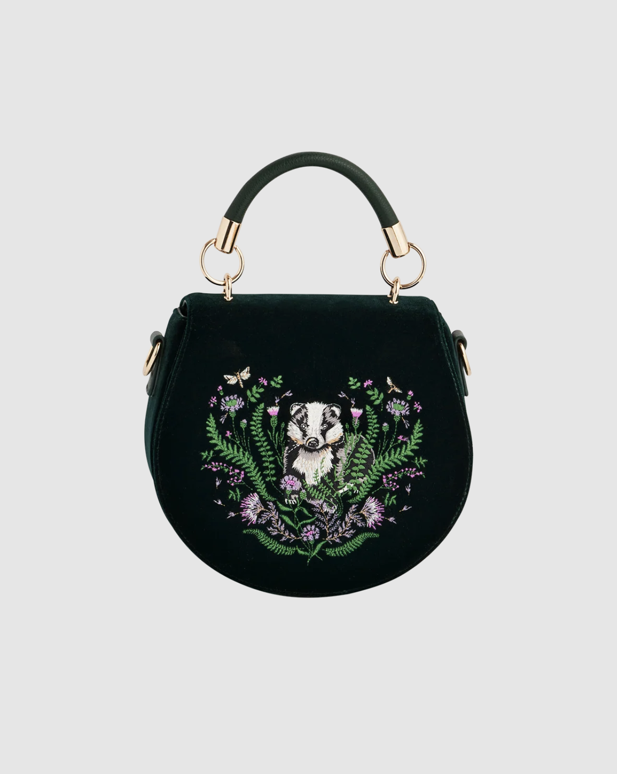 Fable England Green Badger Embroidered Top Handle Saddle Bag