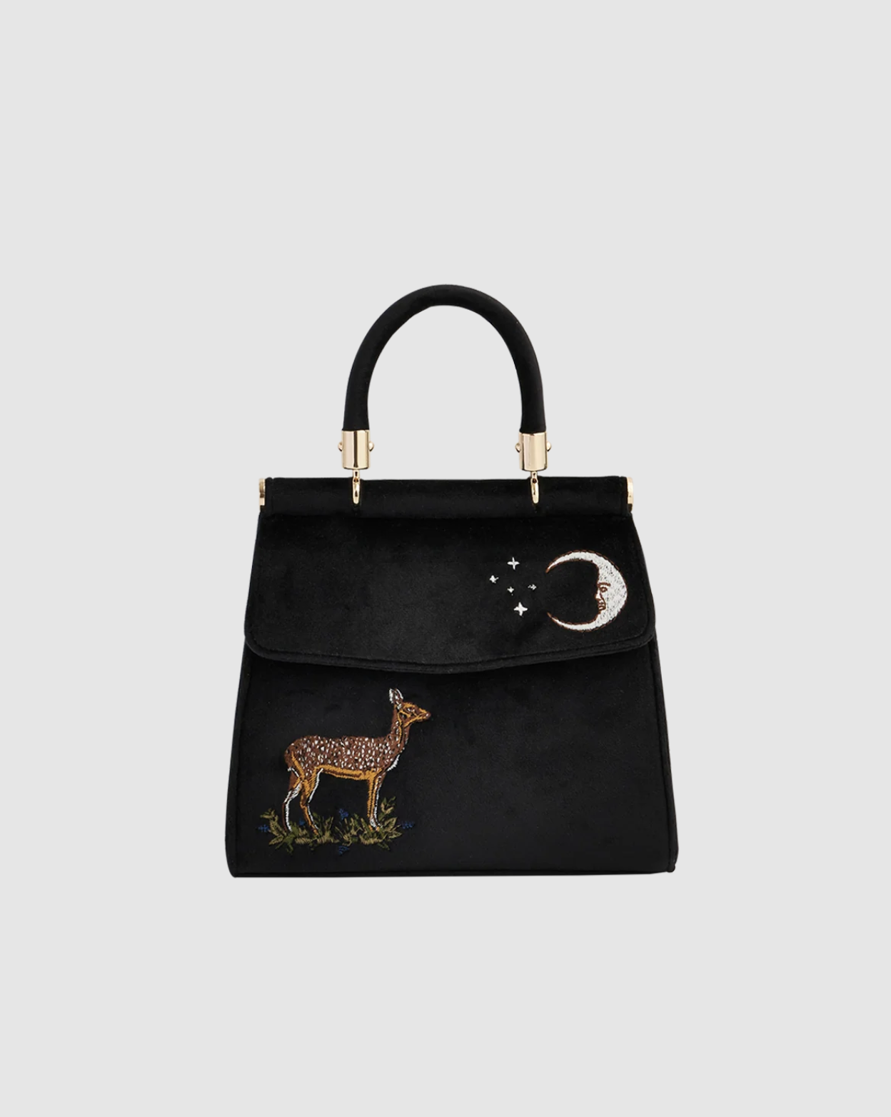Fable England Deer &amp; Moon Embroidered Black Velvet Tote