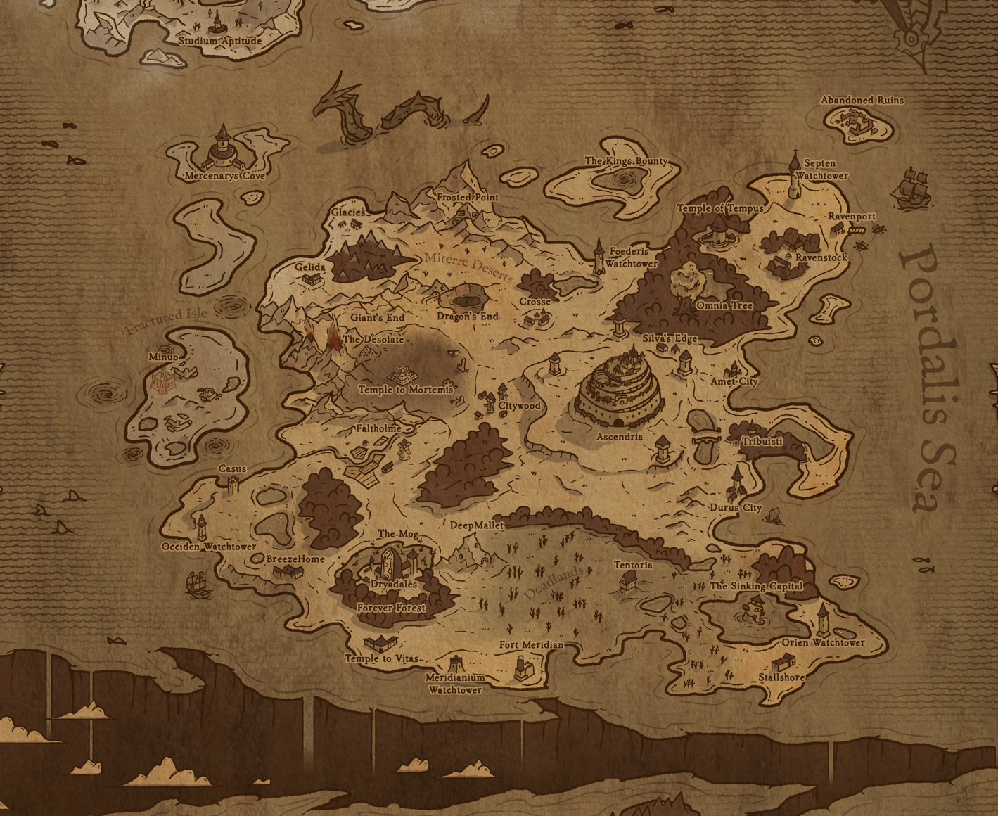 A fantasy-style map of an island with various locations including kingdoms, ruins, mountains, and forests, labeled with names such as Glacies, Minuo, and Fort Meridian.