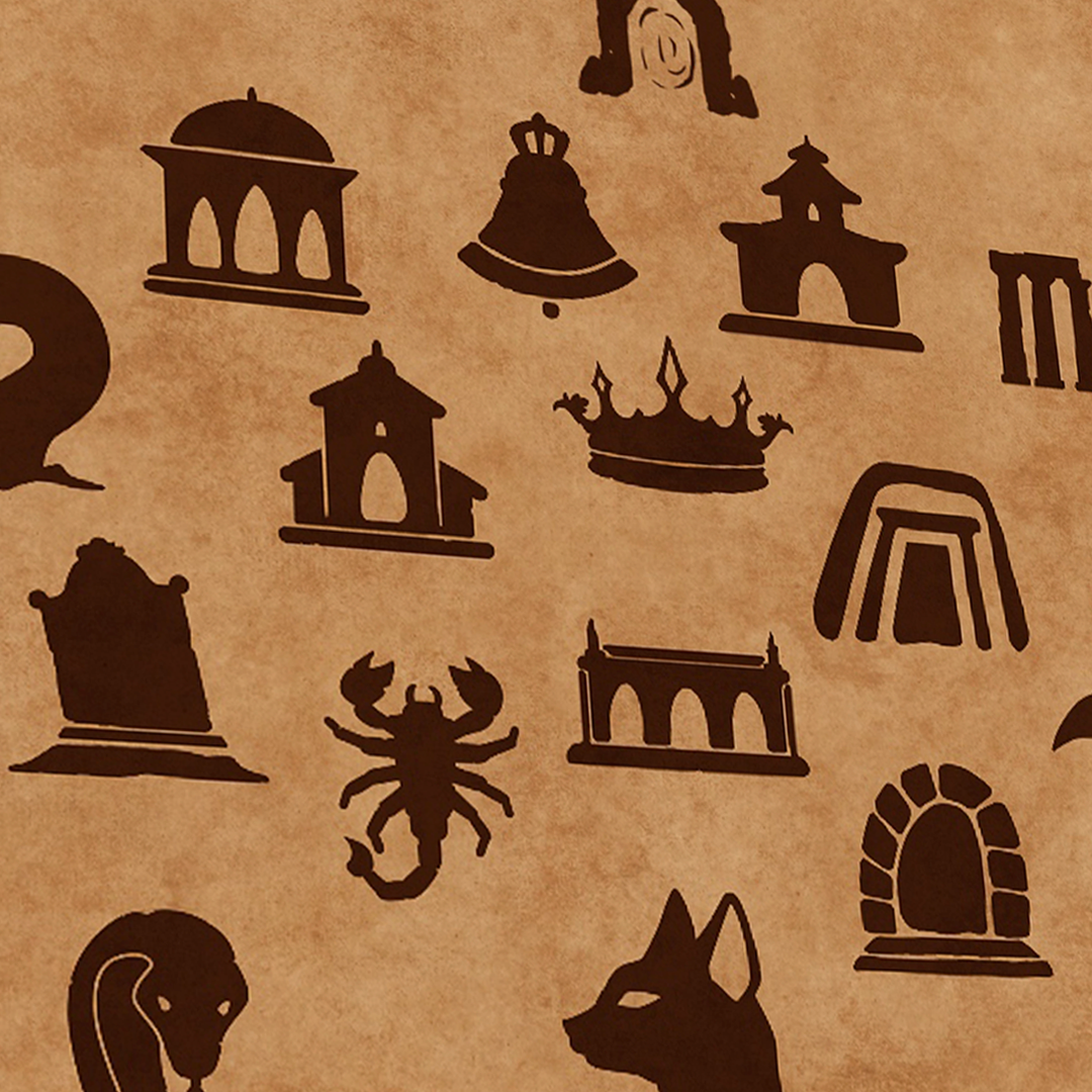 Collection of black silhouette icons, including a castle, target, a small house, a lobster, a fox, a star, a church, a fox head, a snakes head, an eagle head, a cannon, and a bridge, arranged on a beige background.