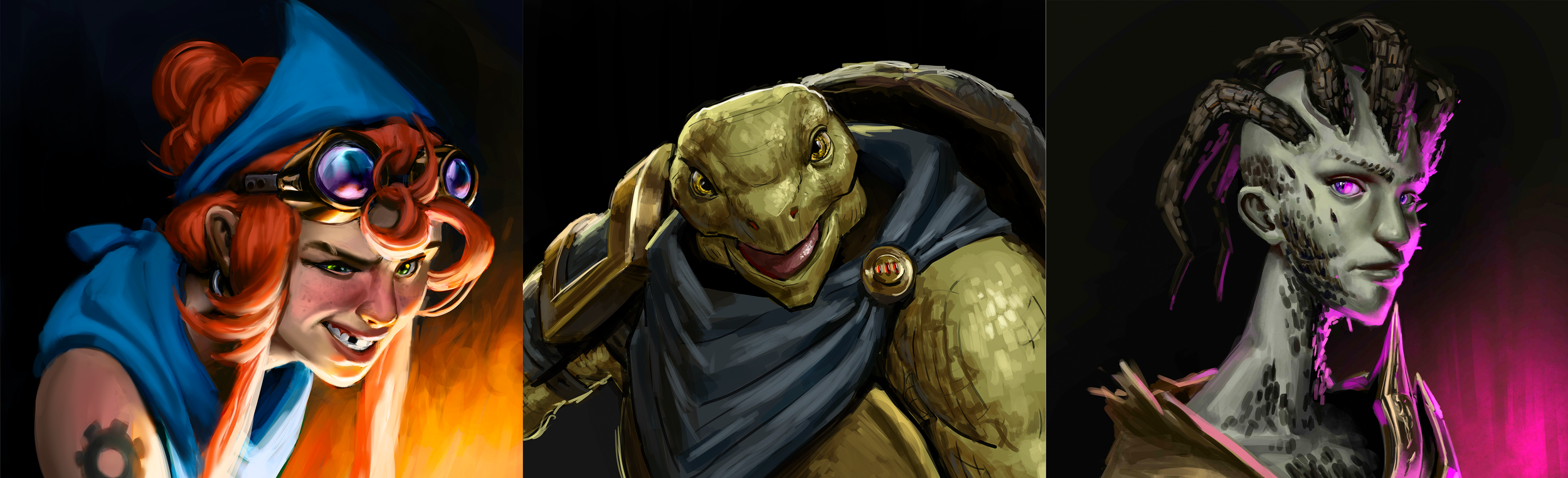 Three digital illustrations of characters: a female with red hair, goggles, and a blue hood, an anthropomorphic turtle with armor and a blue cape, and a female with an alien appearance, black and purple dreadlocks, and purple glowing eyes.