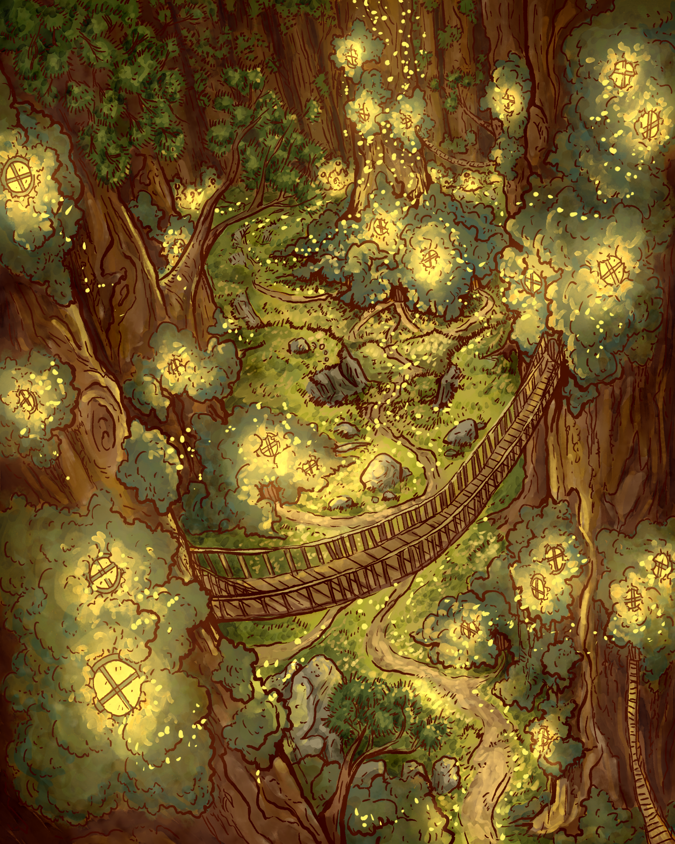 A fantasy forest scene with glowing lanterns hanging from trees, a suspension bridge crossing a ravine, and winding pathways through dense trees and rocks.