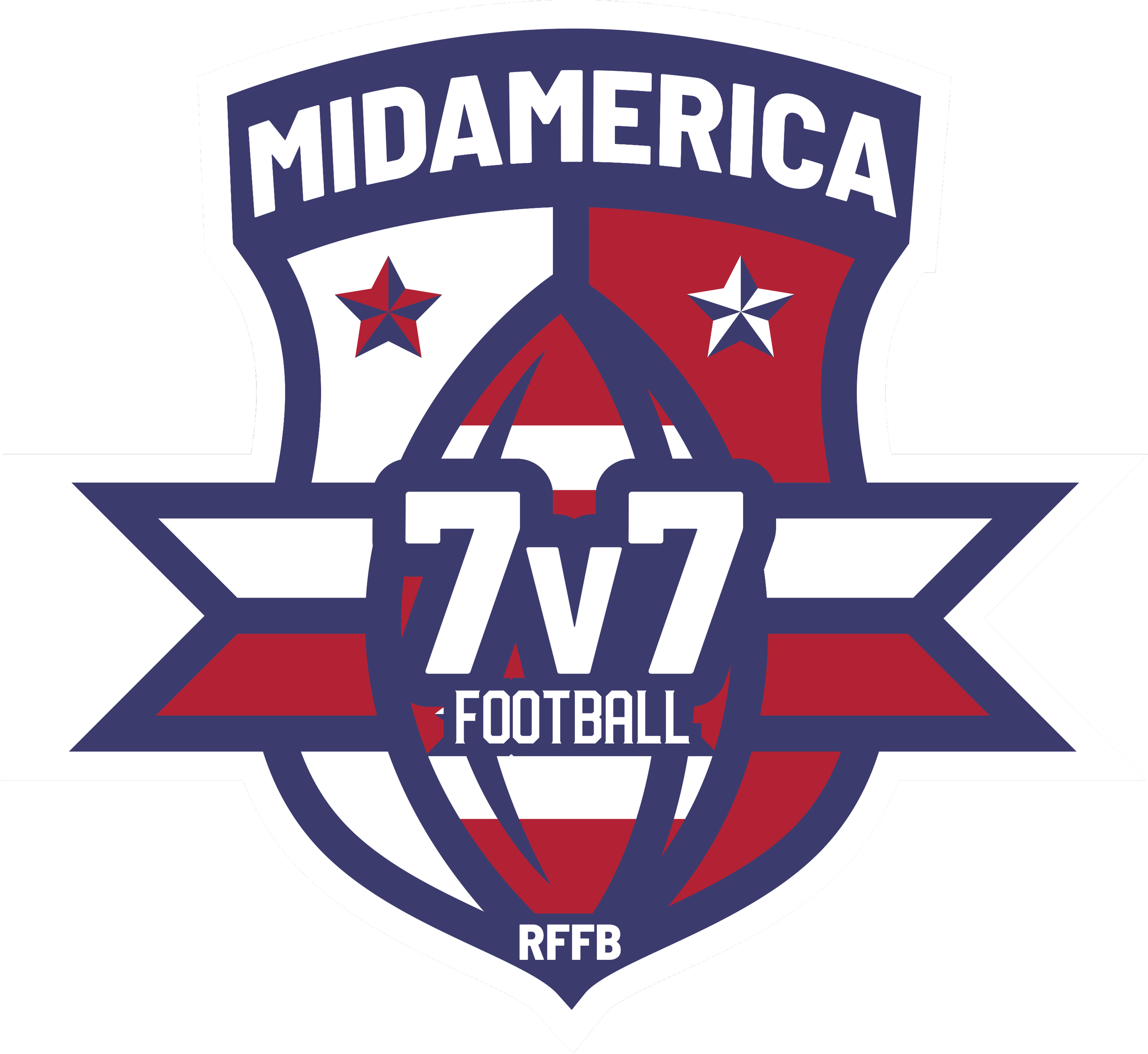 Logo for the 77th MidAmerica Football event, featuring a football at the center, with stars and a shield design in red, white, and blue colors, and the text 'MIDAMERICA', '77N', 'FOOTBALL', and 'RFFB'.