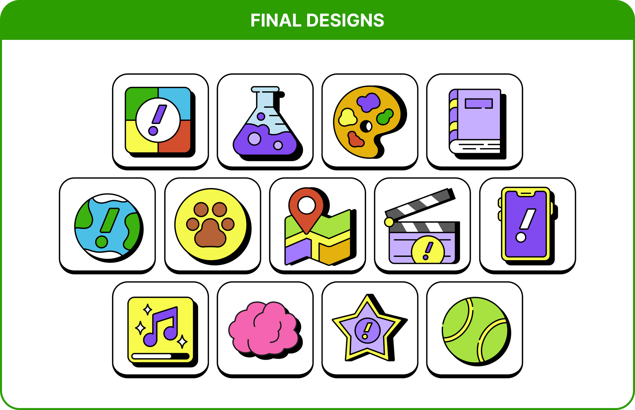 Collection of icons representing final designs for a creative or educational project. The icons include a color palette, chemistry flask, painter's palette, notebook, globe, paw print, map, clapperboard, smartphone, sheet music, brain, star, and tennis ball, all with colorful and cartoonish style.