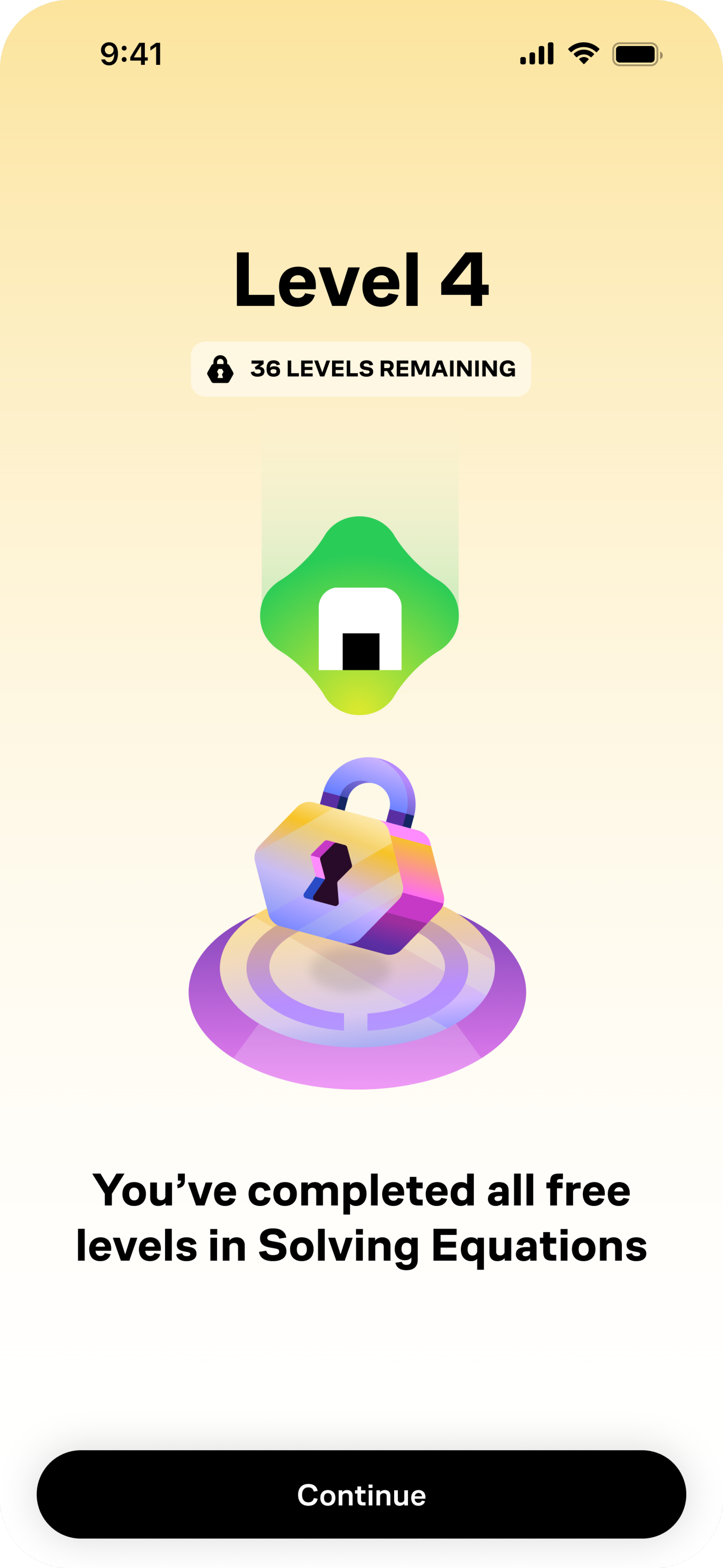Mobile game screen showing the completion of Level 4 with a message saying all free levels are completed in Solving Equations, with a lock icon indicating remaining levels and a colorful lock icon in the foreground.