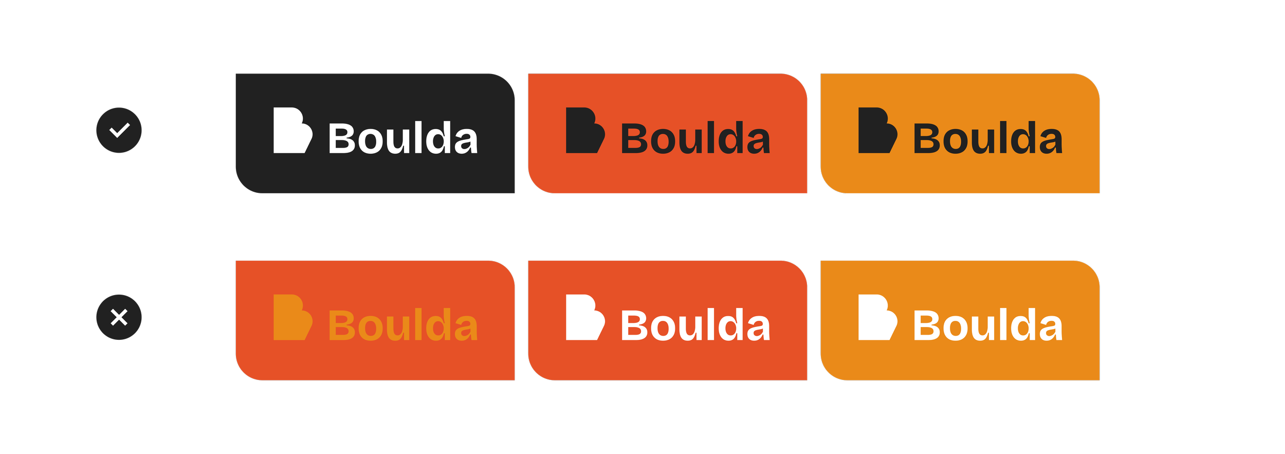Comparison of logo designs for the brand 'Boulda', showing different color schemes and styles.