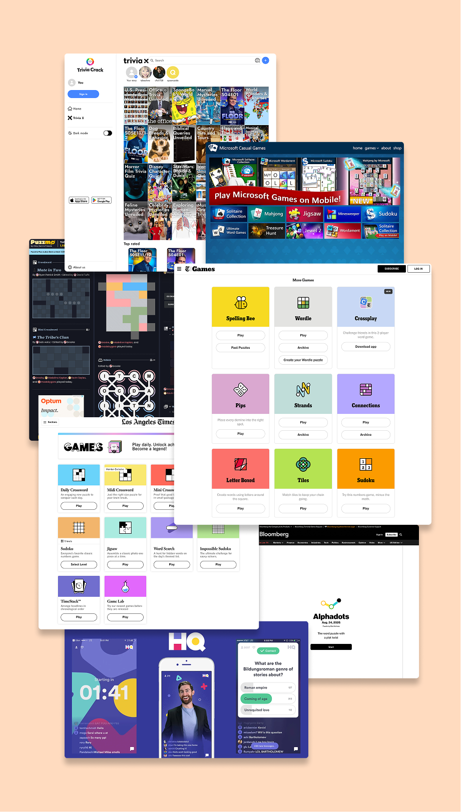 A collage of multiple website and app interface screenshots related to online games, puzzles, quizzes, and entertainment, with elements like game categories, sign-in buttons, advertisements, and user options.