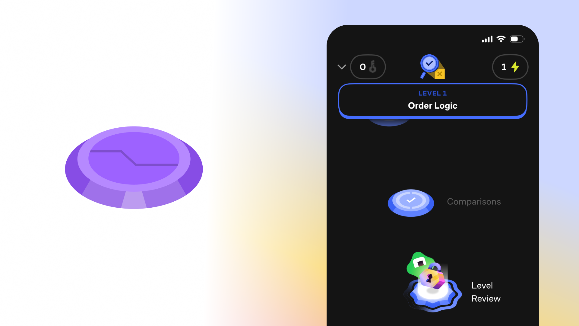 A digital illustration of a purple and blue marble-like object next to a black smartphone screen showing a mobile app interface with a level labeled 'Order Logic' and various icons.