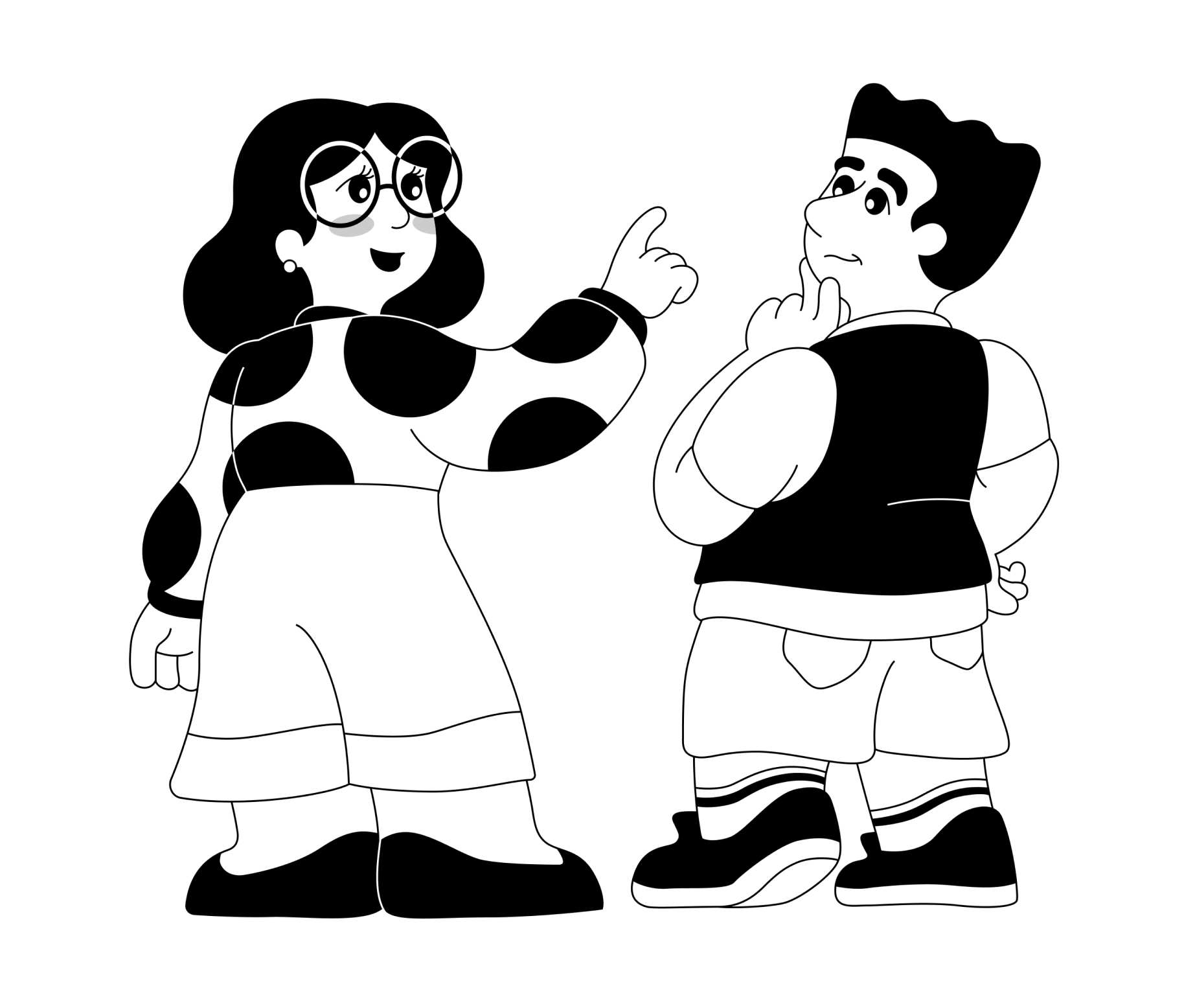 A black and white line drawing of a woman with glasses and polka dot shirt talking to a boy with a hand on his chin, both appearing to be in thoughtful conversation.
