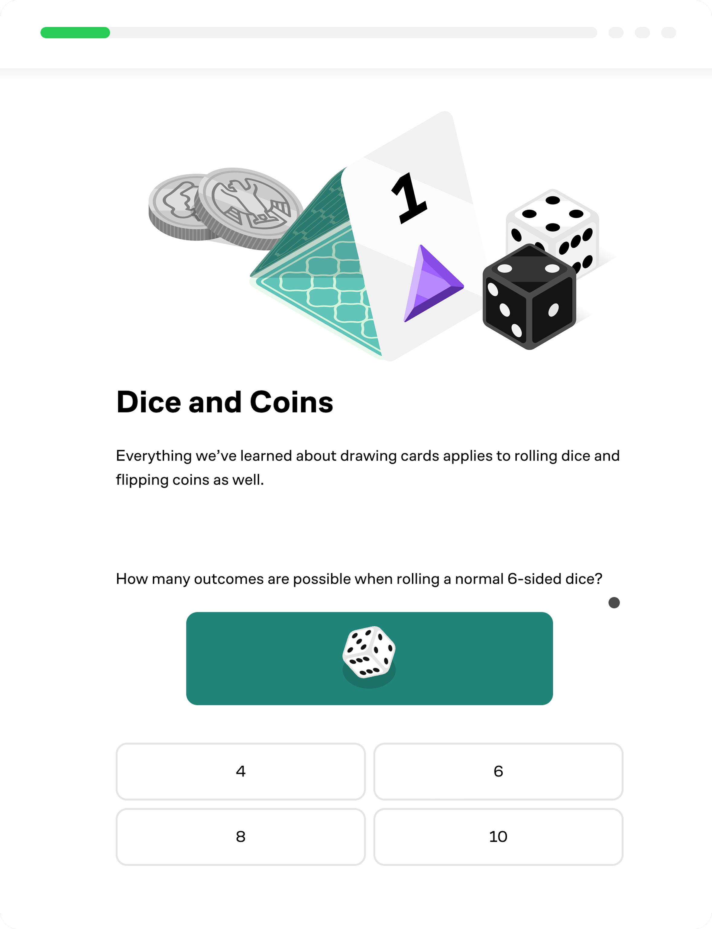 Educational graphic about dice and coins, including a chart, coins, a playing card, and dice, with multiple-choice question on the number of outcomes when rolling a six-sided die.