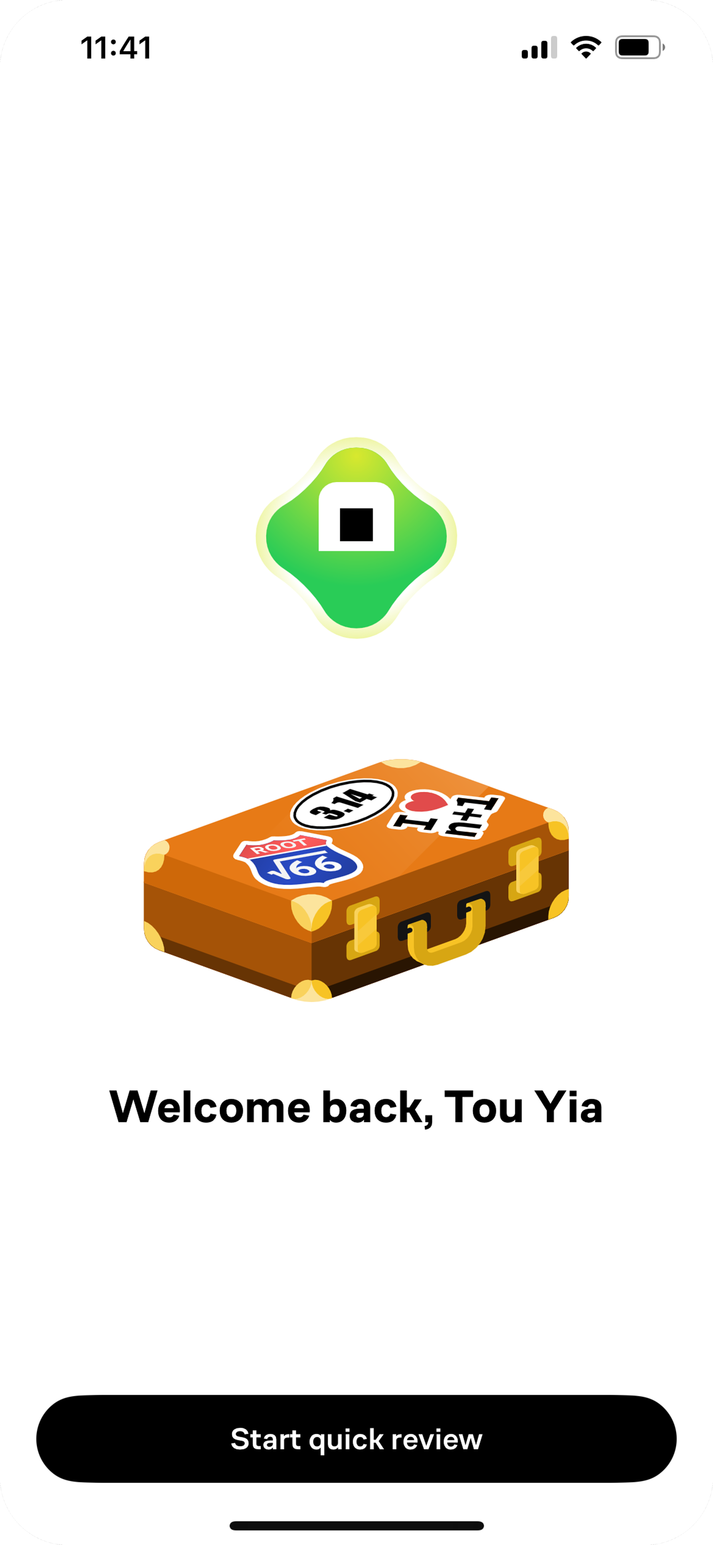 Mobile app screen showing a green icon at the top, a cartoon suitcase with travel stickers in the middle, and the text 'Welcome back, Tou Yia' below the suitcase. There is a black button at the bottom labeled 'Start quick review'.