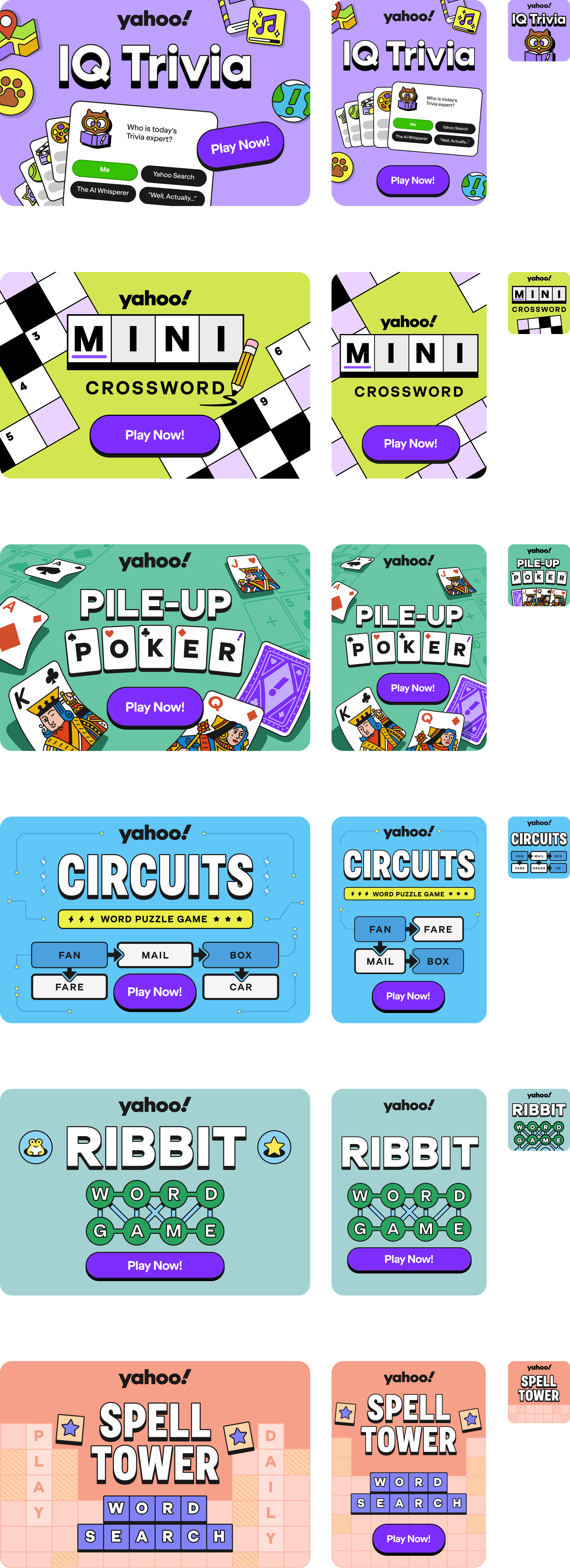 Collection of colorful online game icons, including trivia, crossword, poker, circuits, ribbit, and spell tower games by Yahoo.