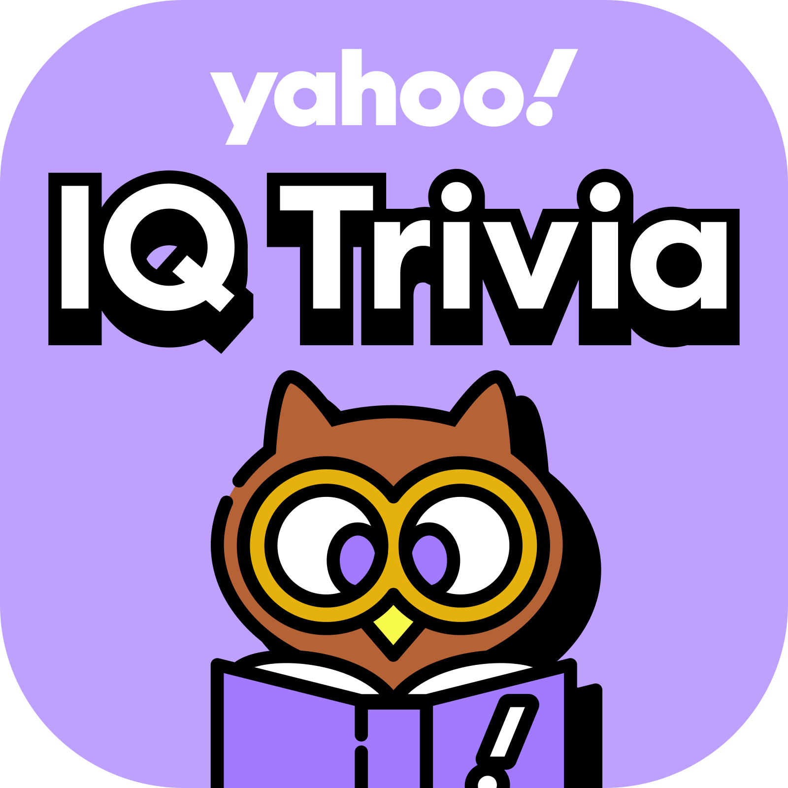 A logo for Yahoo IQ Trivia featuring a cartoon owl with large glasses holding a book, set against a purple background.