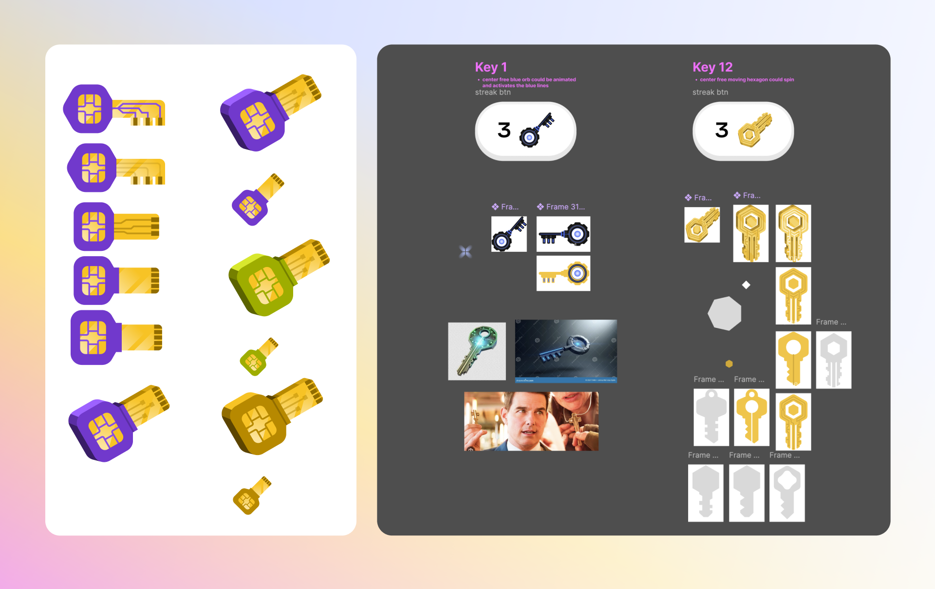 A spread of colorful pixel art keys and key-like icons. The left side displays multiple purple and yellow stylized keys with various designs. The right side contains diagrammatic illustrations of keys, some with numbered labels and description texts, as well as part of a series of frames showing people holding and examining keys.