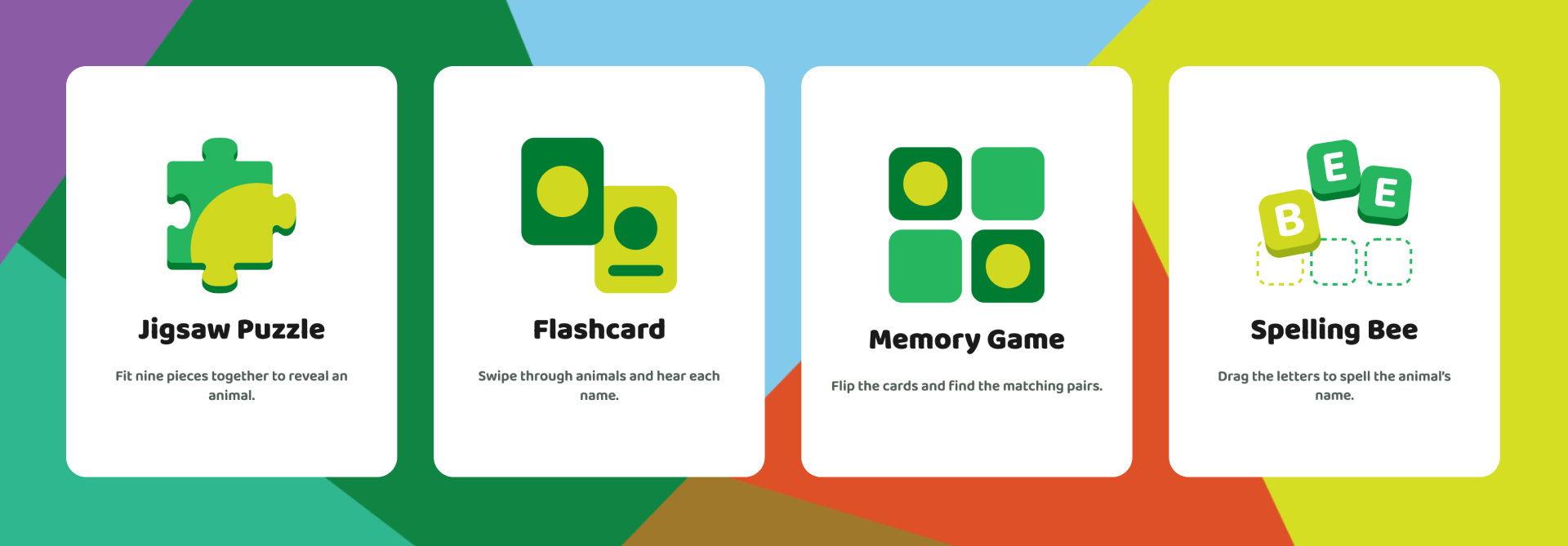 A colorful educational games poster featuring four activities: Jigsaw Puzzle, Flashcard, Memory Game, and Spelling Bee. The poster has a geometric background with various colors and each activity is represented with icons and descriptions.