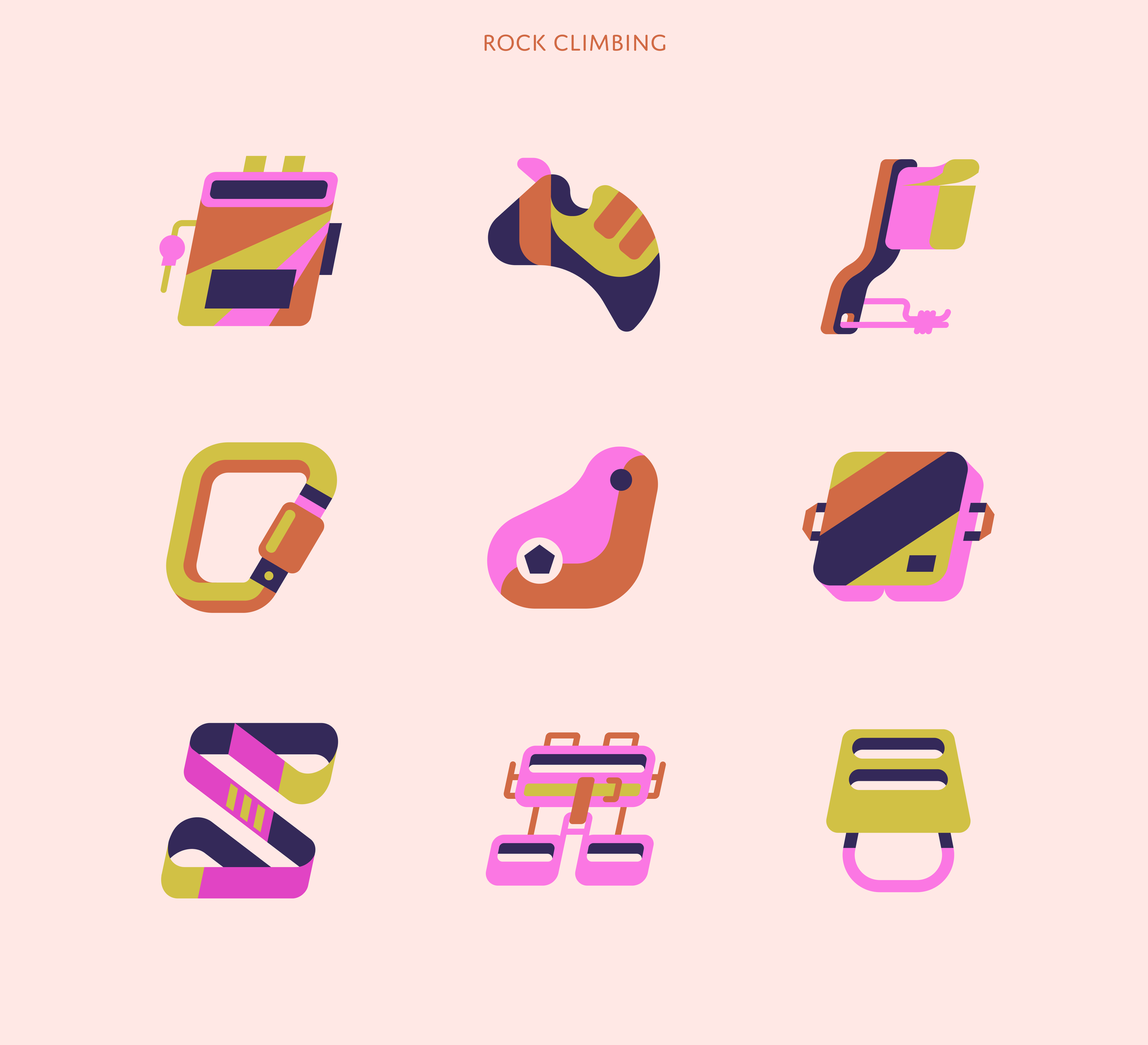 A digital illustration of various rock climbing gear icons with a pink background, labeled "Rock Climbing" at the top.