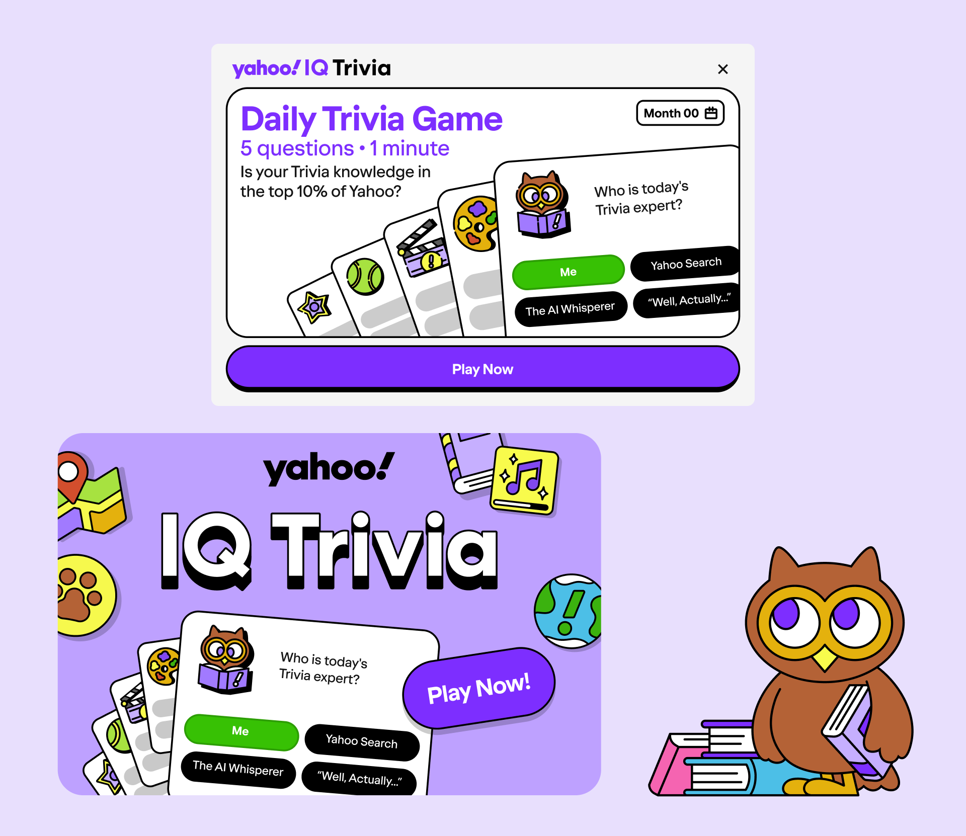 Screenshot of a Yahoo! IQ Trivia advertisement featuring a purple background, an illustrated owl mascot, and playing cards with various icons, promoting a daily trivia game with a 'Play Now' button.