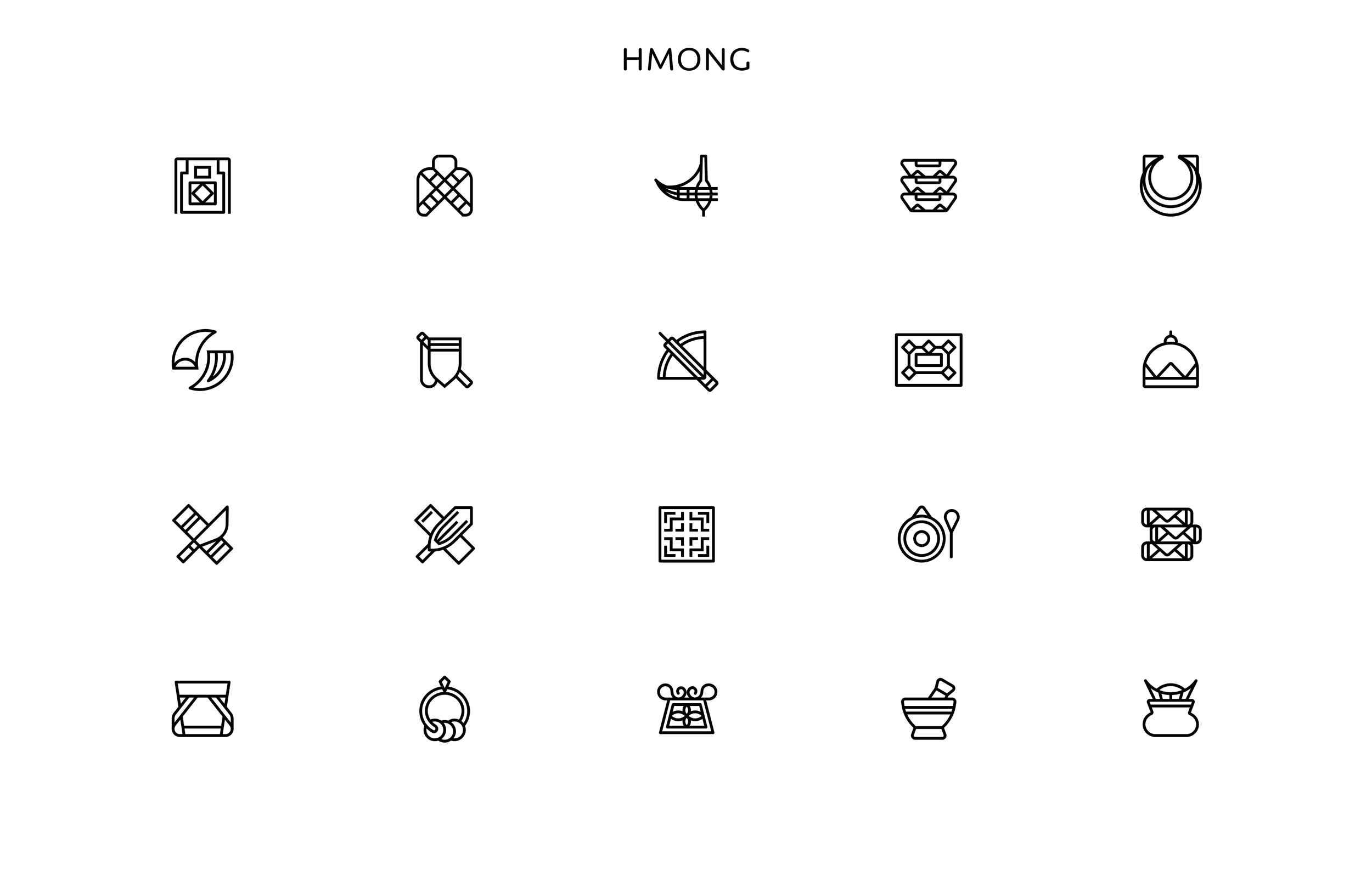 Collection of 20 black and white line art icons related to MNONG, each depicting different symbols and objects, arranged in a grid pattern.