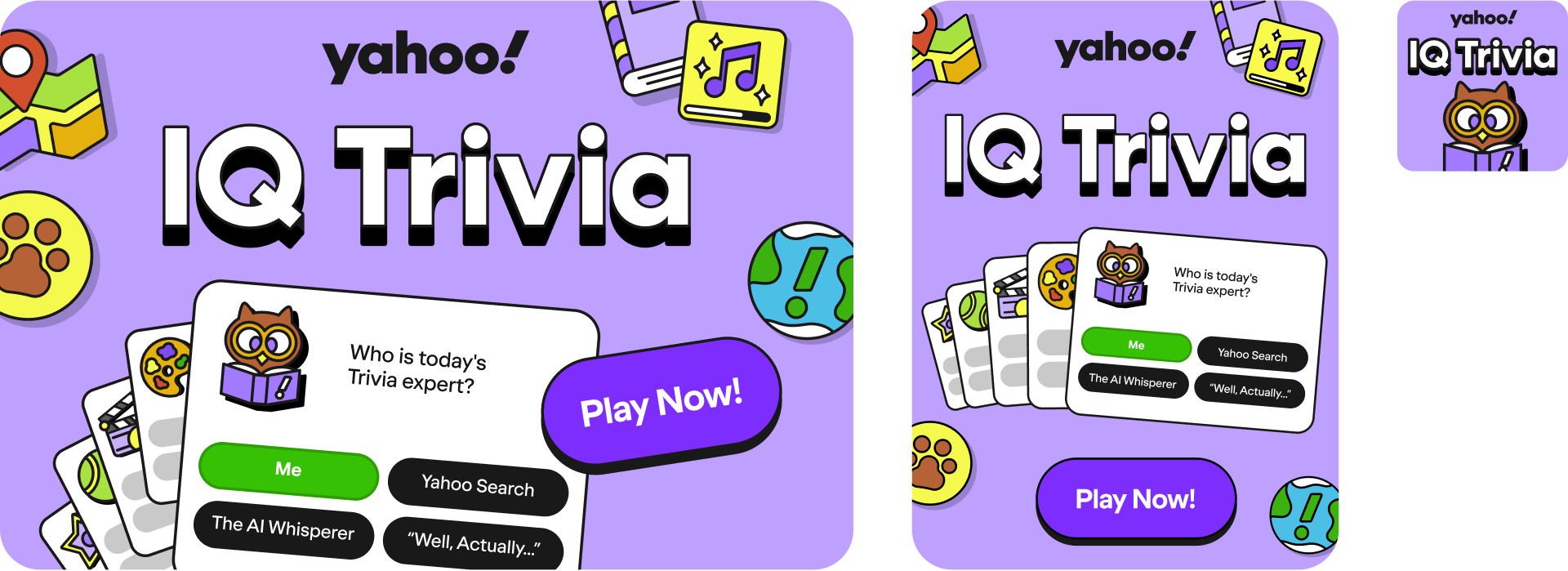 Digital promotional image for Yahoo! IQ Trivia game, featuring cartoon graphics of game cards, a purple background, and various game-themed icons like a paw print, globe, and a character with glasses playing trivia.