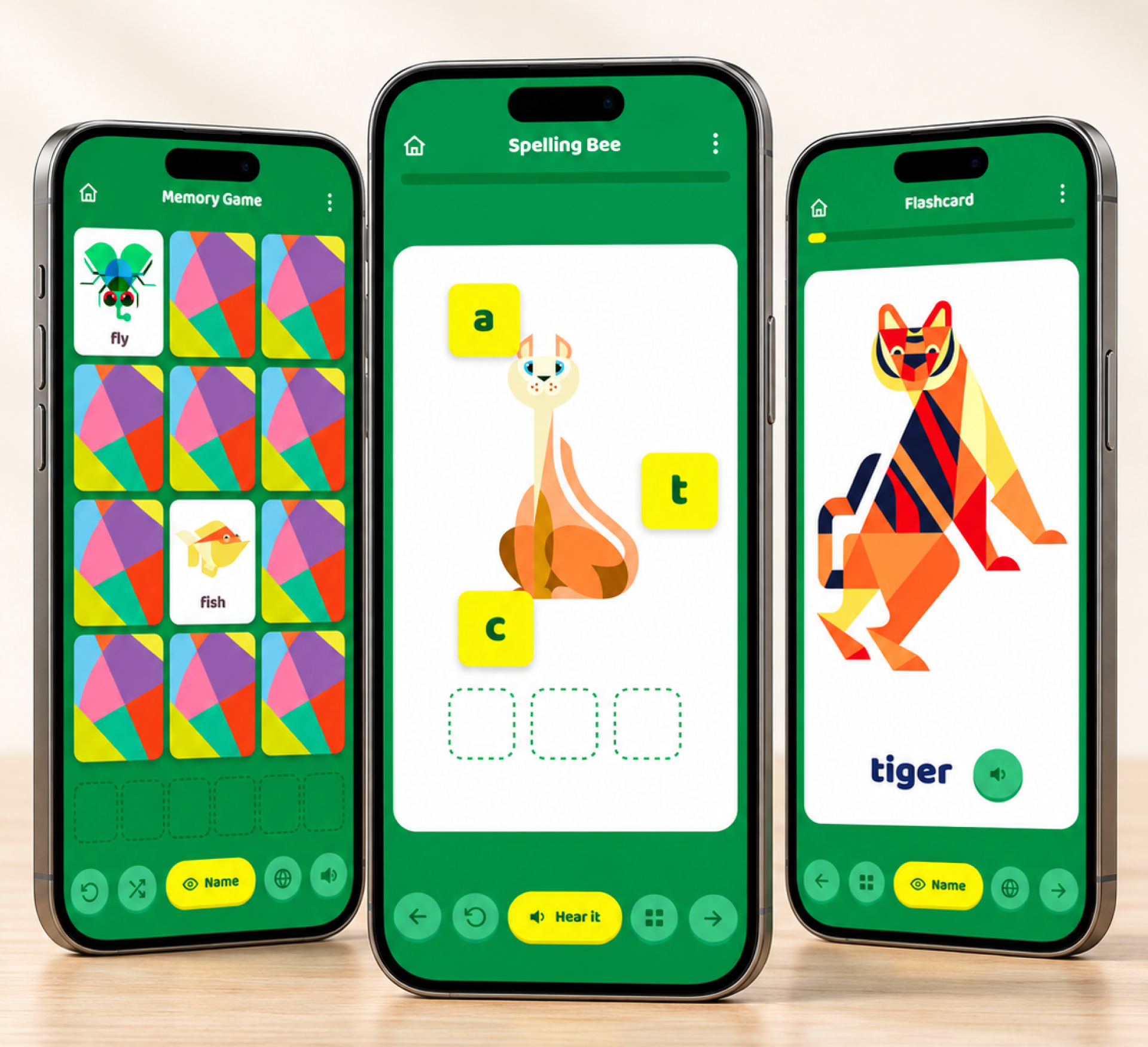 Three iPhones displaying educational apps with colorful animal and word illustrations on their screens, placed on a wooden surface.