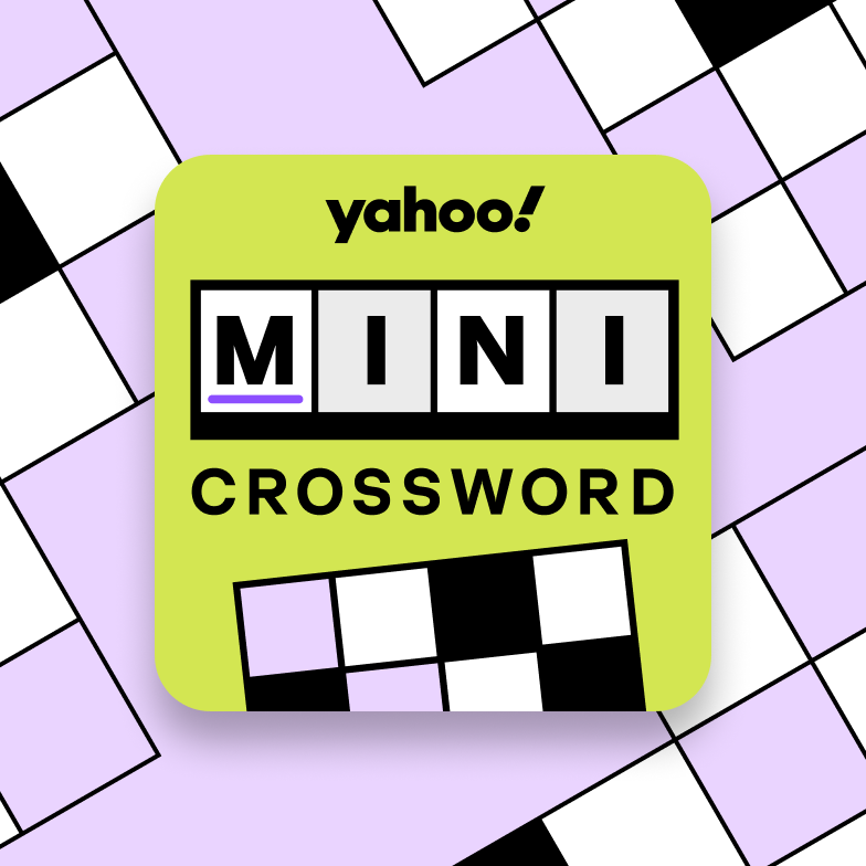 Yahoo Mini Crossword puzzle with the letters M I N I filled in, surrounded by black, white, and light purple grid squares.