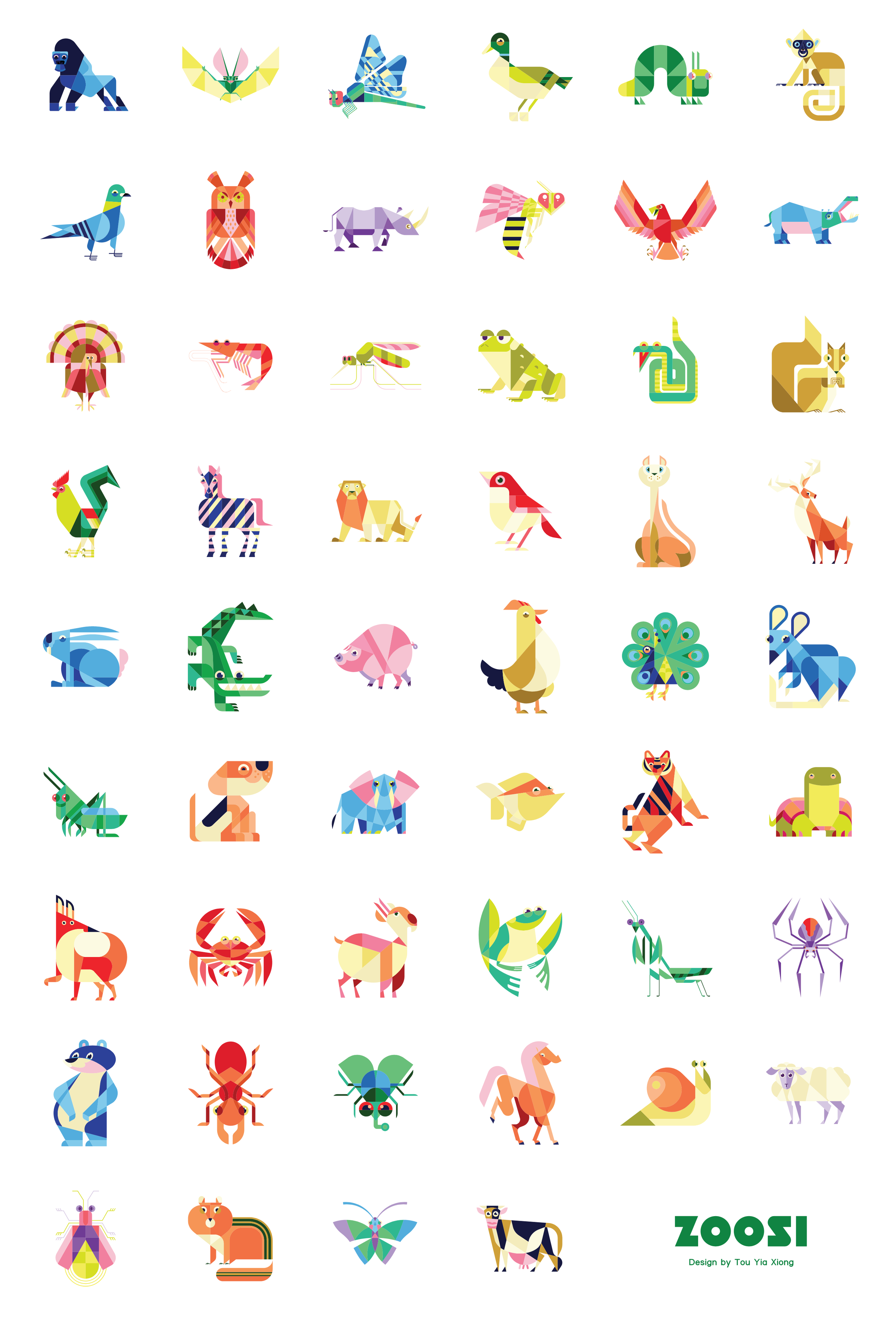 A collection of colorful, geometric-style illustrations of animals, including a lion, butterfly, chameleon, owl, snake, monkey, pigeon, owl, hamster, rhinoceros, dragon, peacock, zebra, lion, robin, anteater, rooster, peacock, and many others, with a