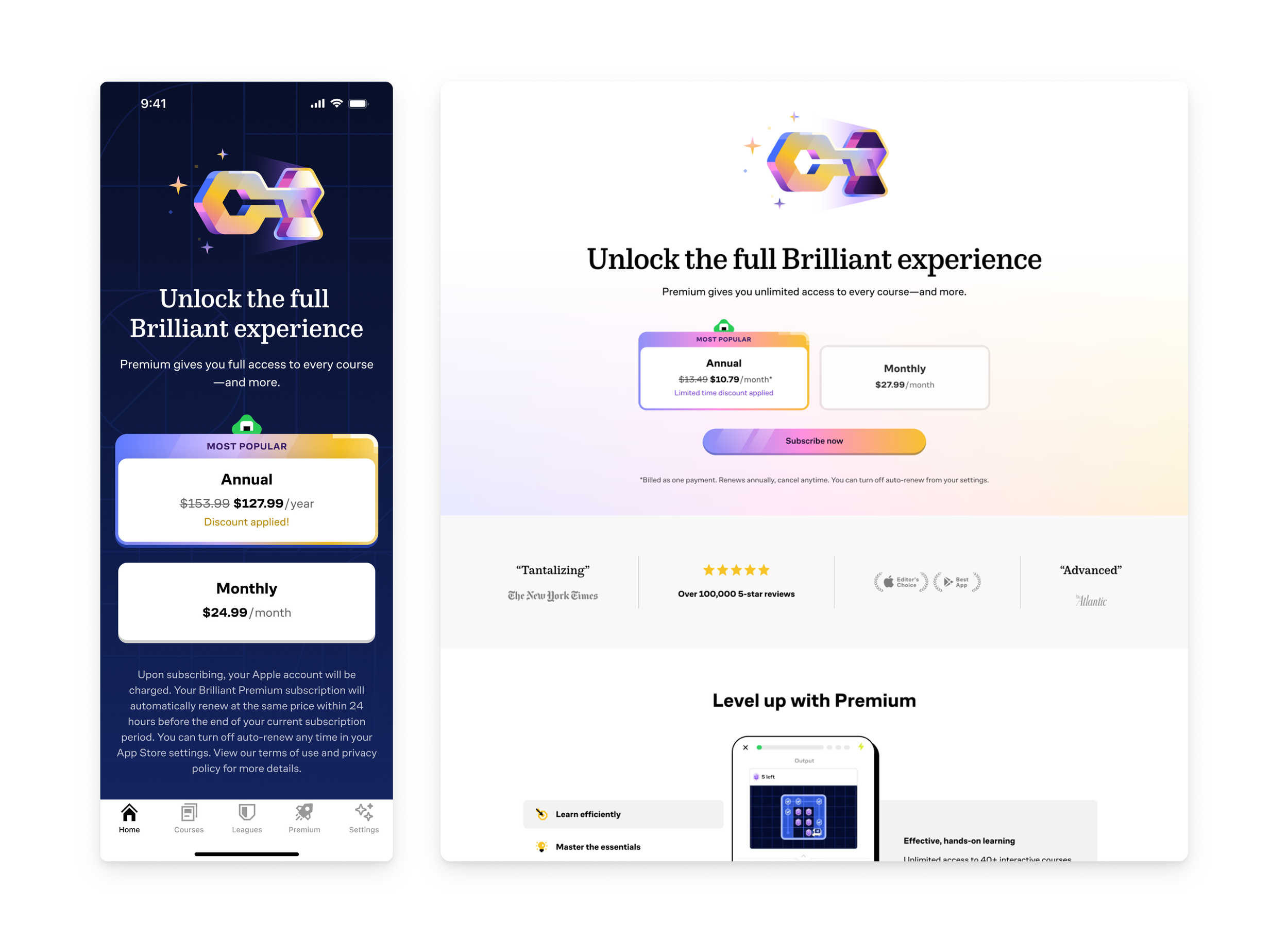 Comparison of two subscription plan pages for Brillant, featuring a mobile app interface on the left and a webpage on the right, both highlighting annual and monthly payment options, with pricing details, some awards, and a promotional banner.