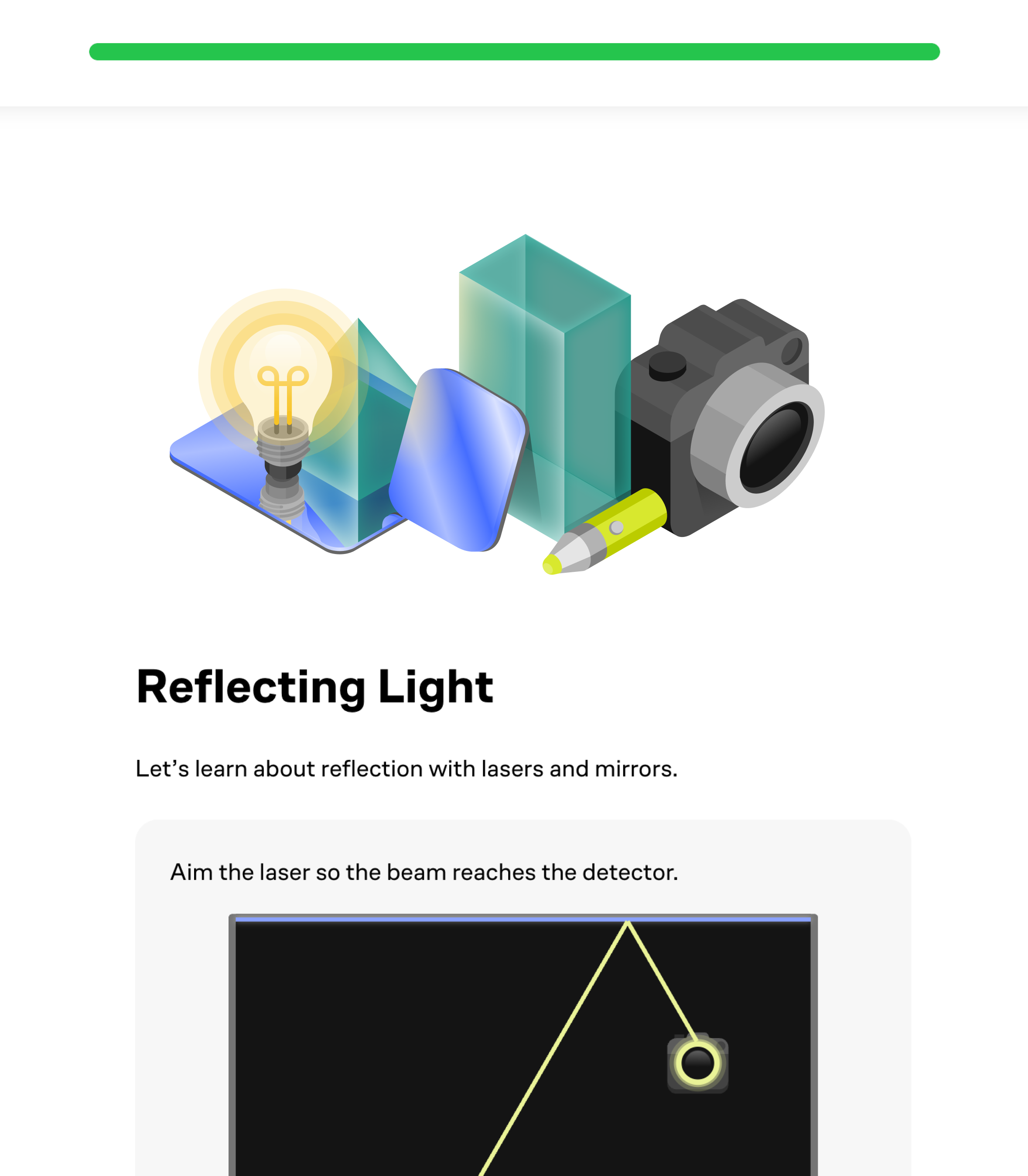 Illustration showing a light bulb, mirrors, a laser, and a camera, demonstrating reflection of light with lasers and mirrors.