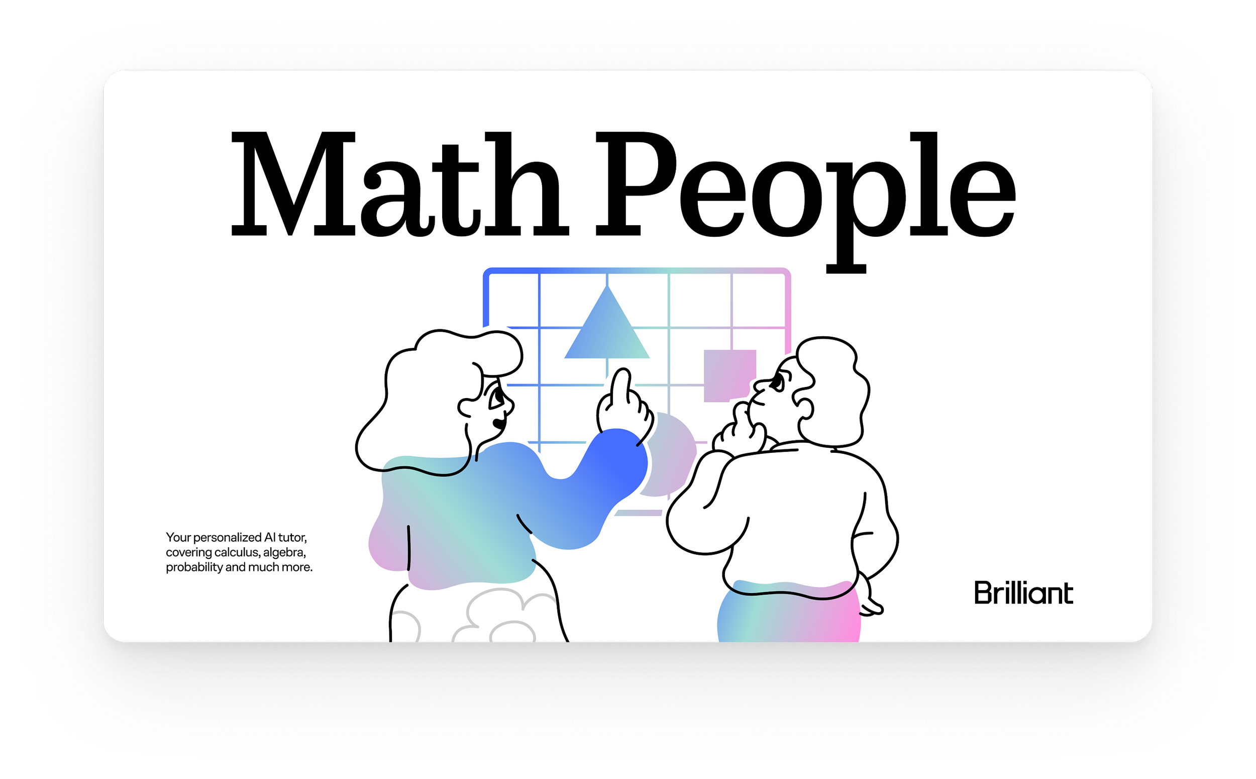 Illustration of two people discussing math concepts in front of a grid with geometric shapes and arrows, promoting an AI tutoring service called Math People.